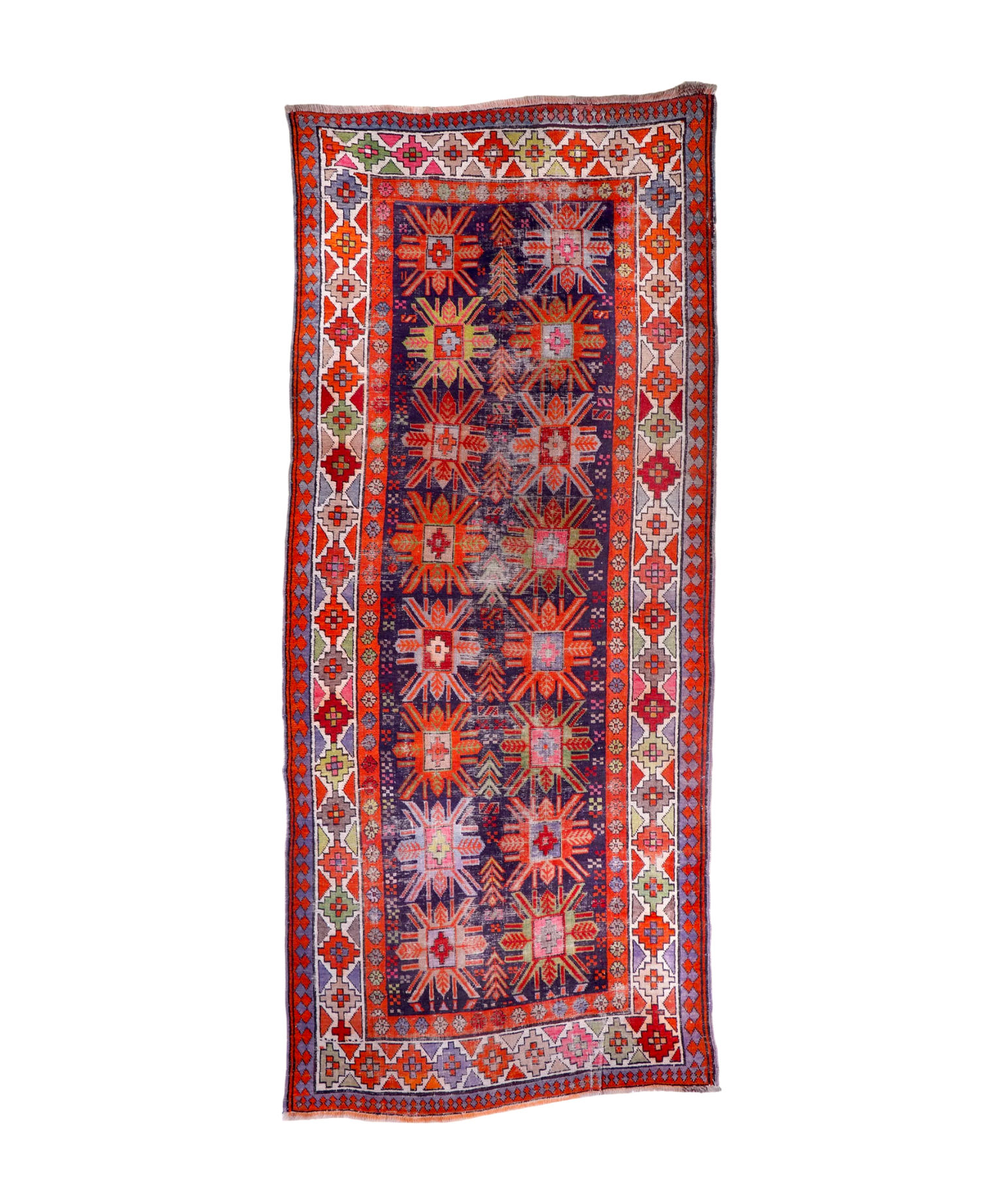 Kazak-style runner rug with red, navy, cream geometric medallion and side borders