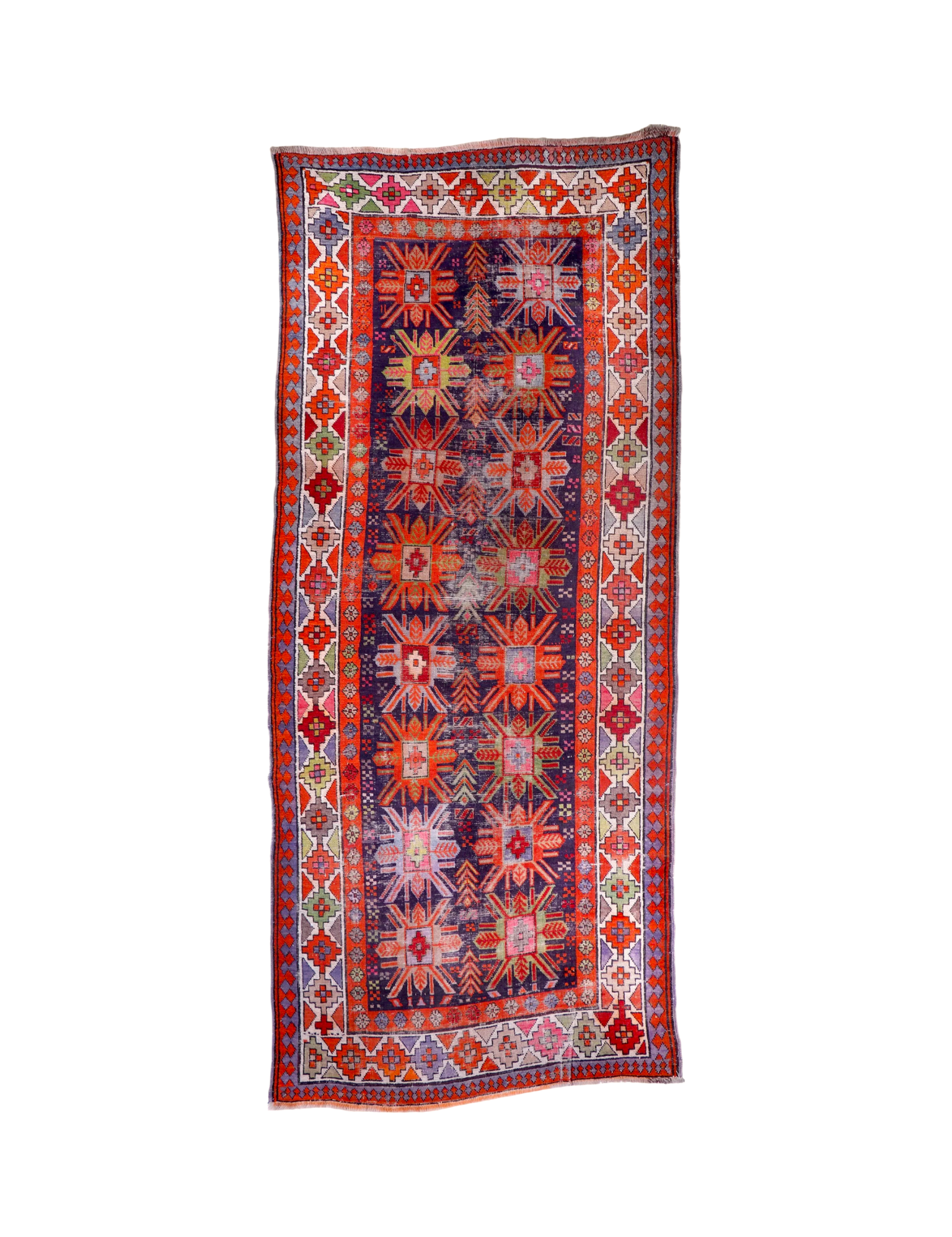 Kazak-style runner rug with red, navy, cream geometric medallion and side borders