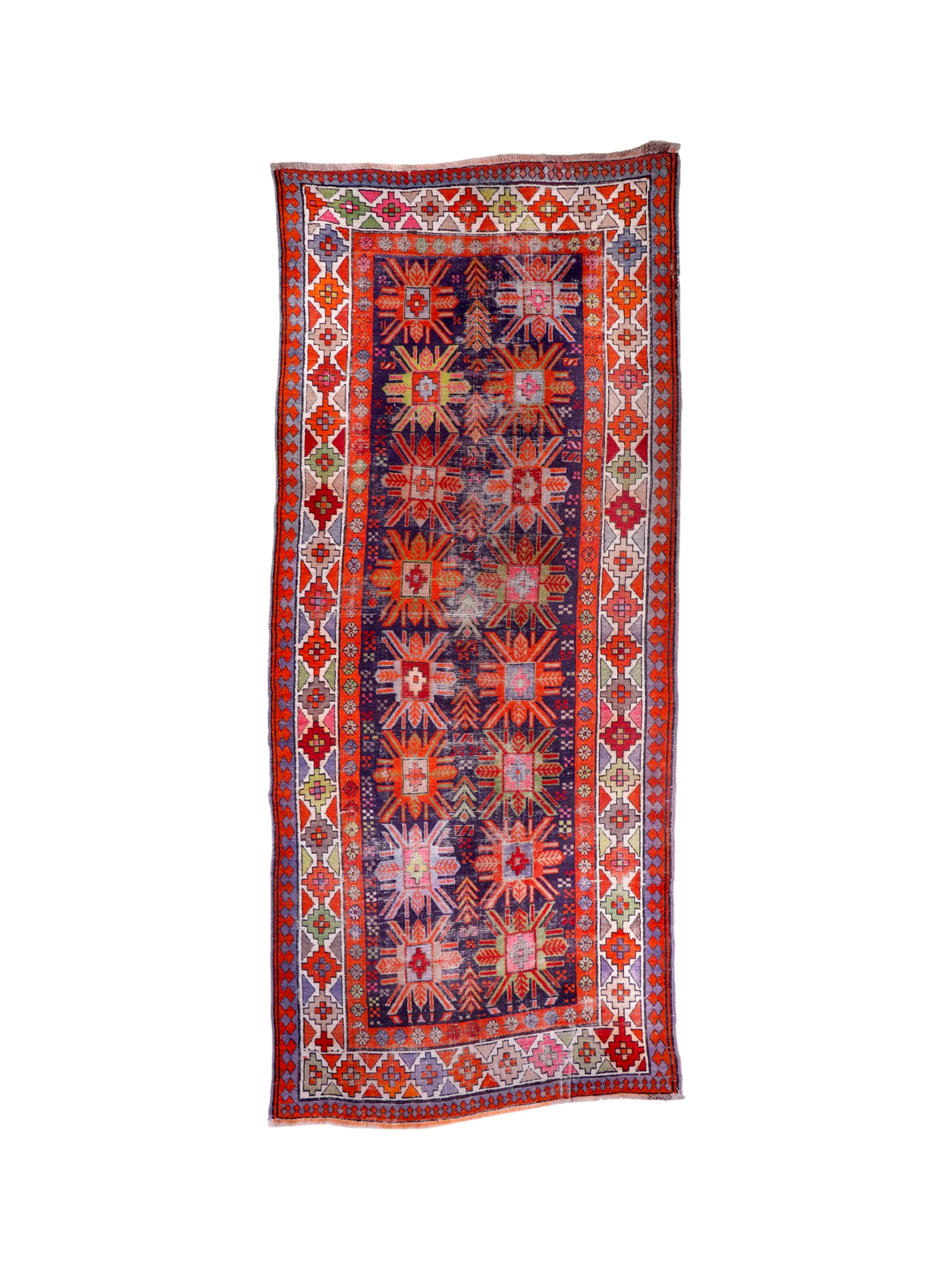 Kazak-style runner rug with red, navy, cream geometric medallion and side borders