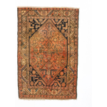 Persian Hamadan rug with rust orange field, navy geometric medallion, fringed edges