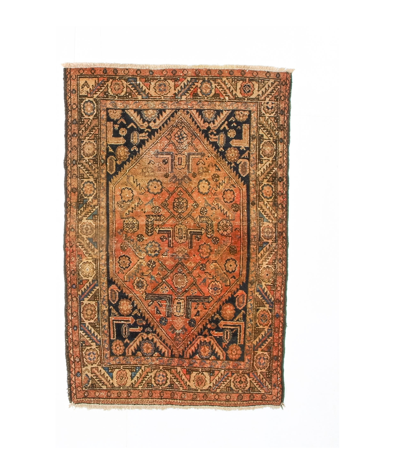 Persian Hamadan rug with rust orange field, navy geometric medallion, fringed edges