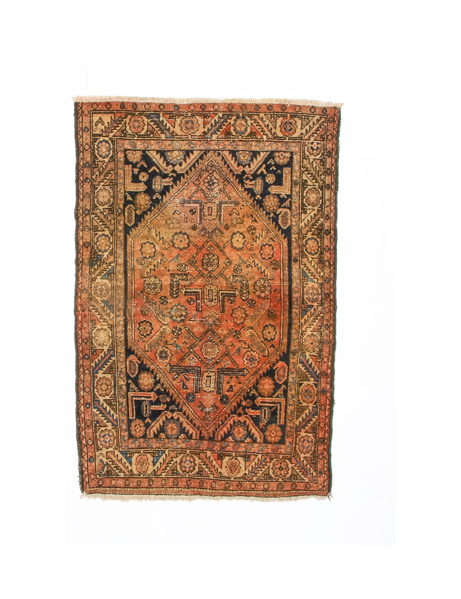 Persian Hamadan rug with rust orange field, navy geometric medallion, fringed edges