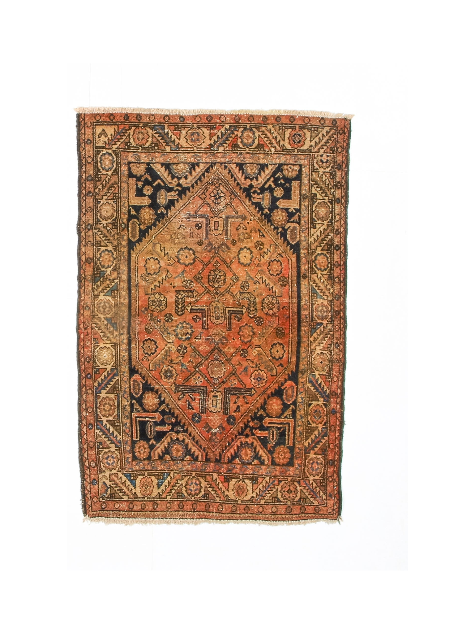 Persian Hamadan rug with rust orange field, navy geometric medallion, fringed edges