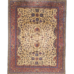 Turkish Oushak rug with cream field, red border, blue floral medallion and corner motifs