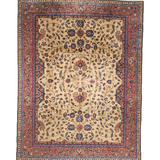 Turkish Oushak rug with cream field, red border, blue floral medallion and corner motifs