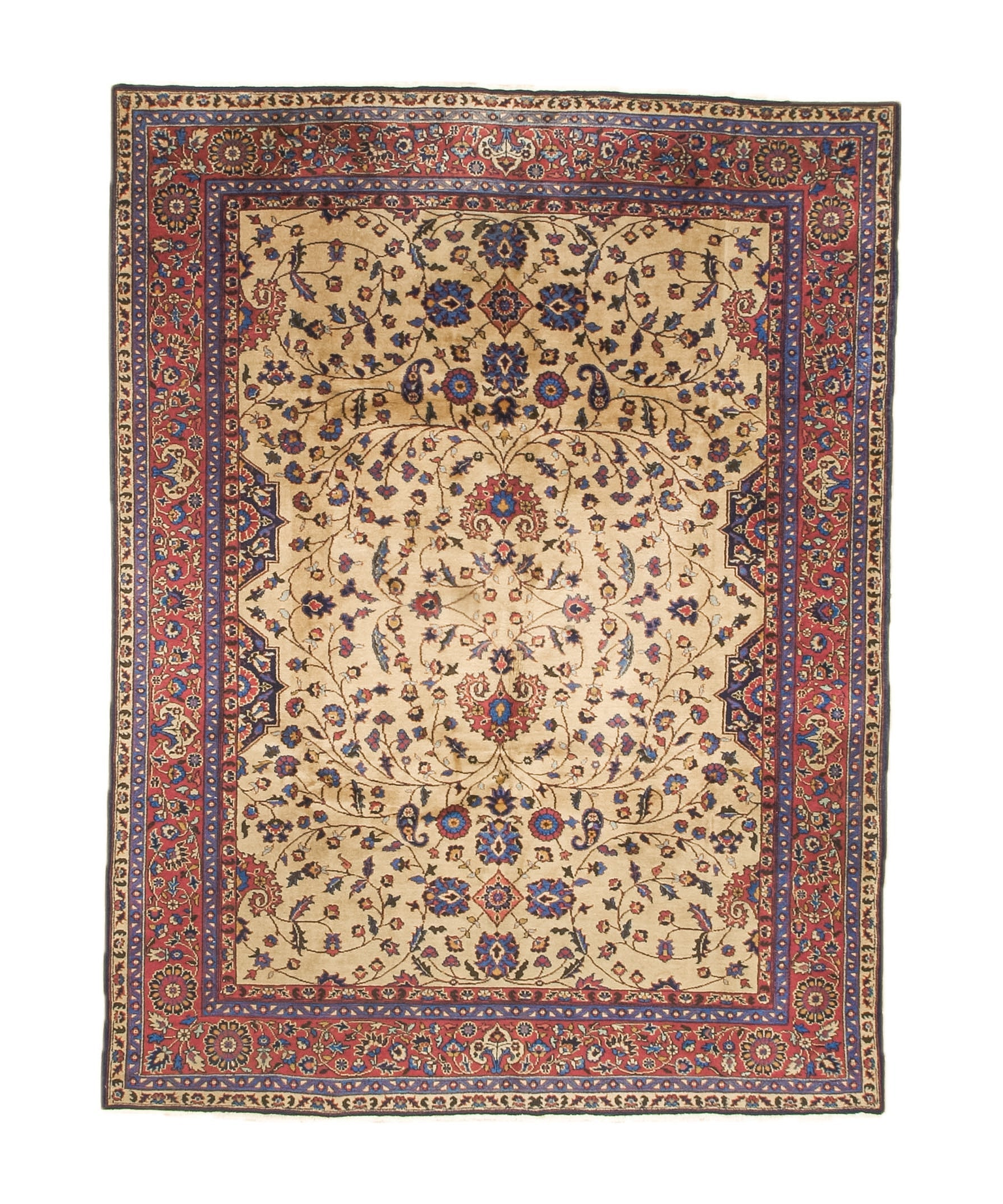 Turkish Oushak rug with cream field, red border, blue floral medallion and corner motifs