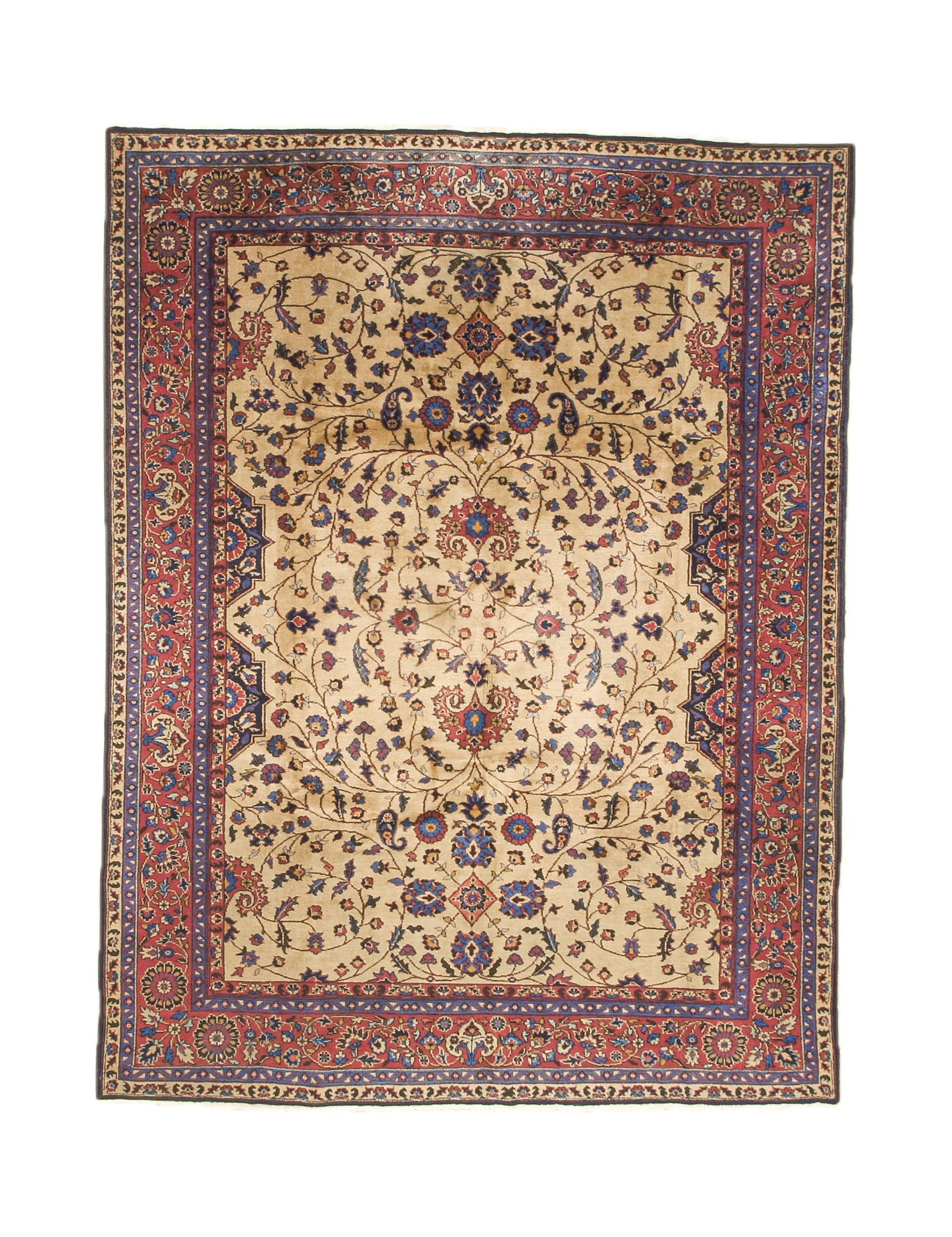Turkish Oushak rug with cream field, red border, blue floral medallion and corner motifs