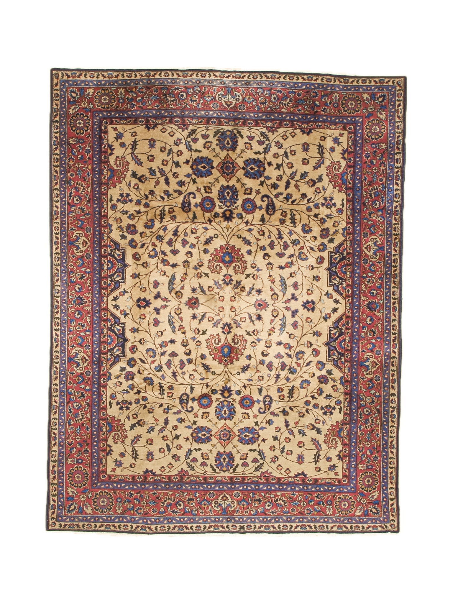 Turkish Oushak rug with cream field, red border, blue floral medallion and corner motifs