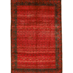 Red Persian-style area rug with geometric diamond pattern and dark border.