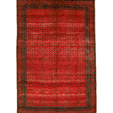 Red Persian-style area rug with geometric diamond pattern and dark border.