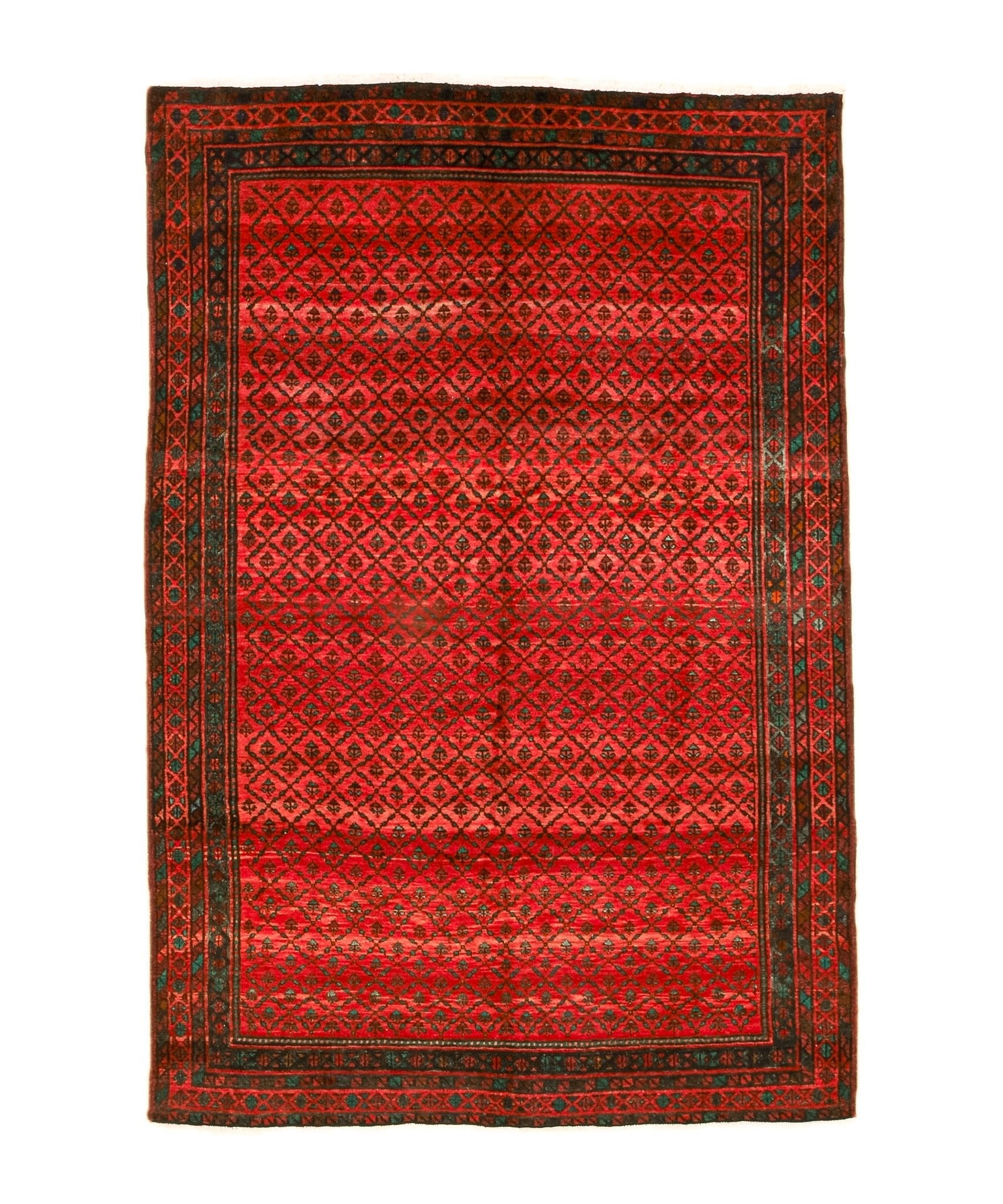 Red Persian-style area rug with geometric diamond pattern and dark border.