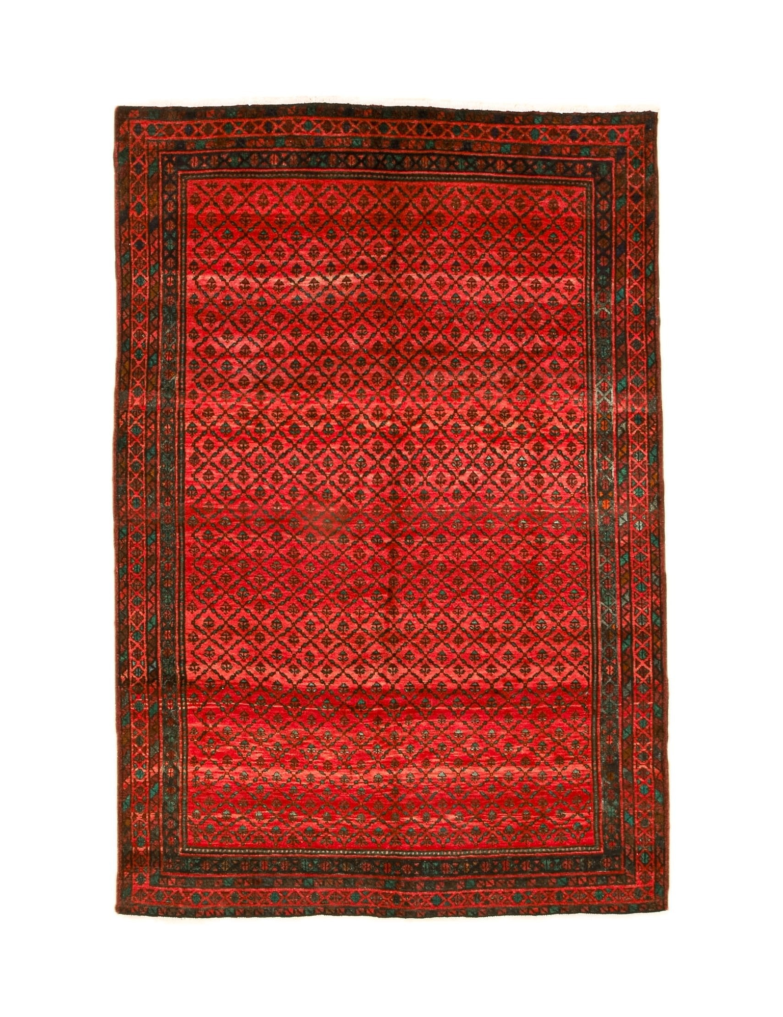 Red Persian-style area rug with geometric diamond pattern and dark border.