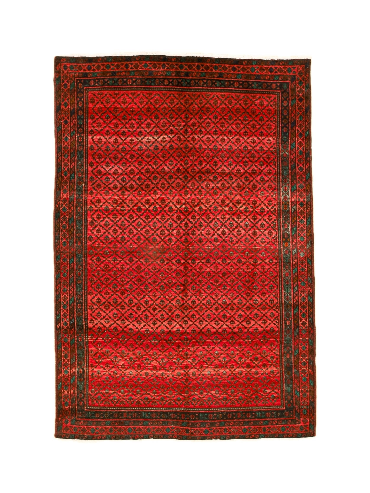 Red Persian-style area rug with geometric diamond pattern and dark border.