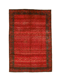 Red Persian-style area rug with geometric diamond pattern and dark border.