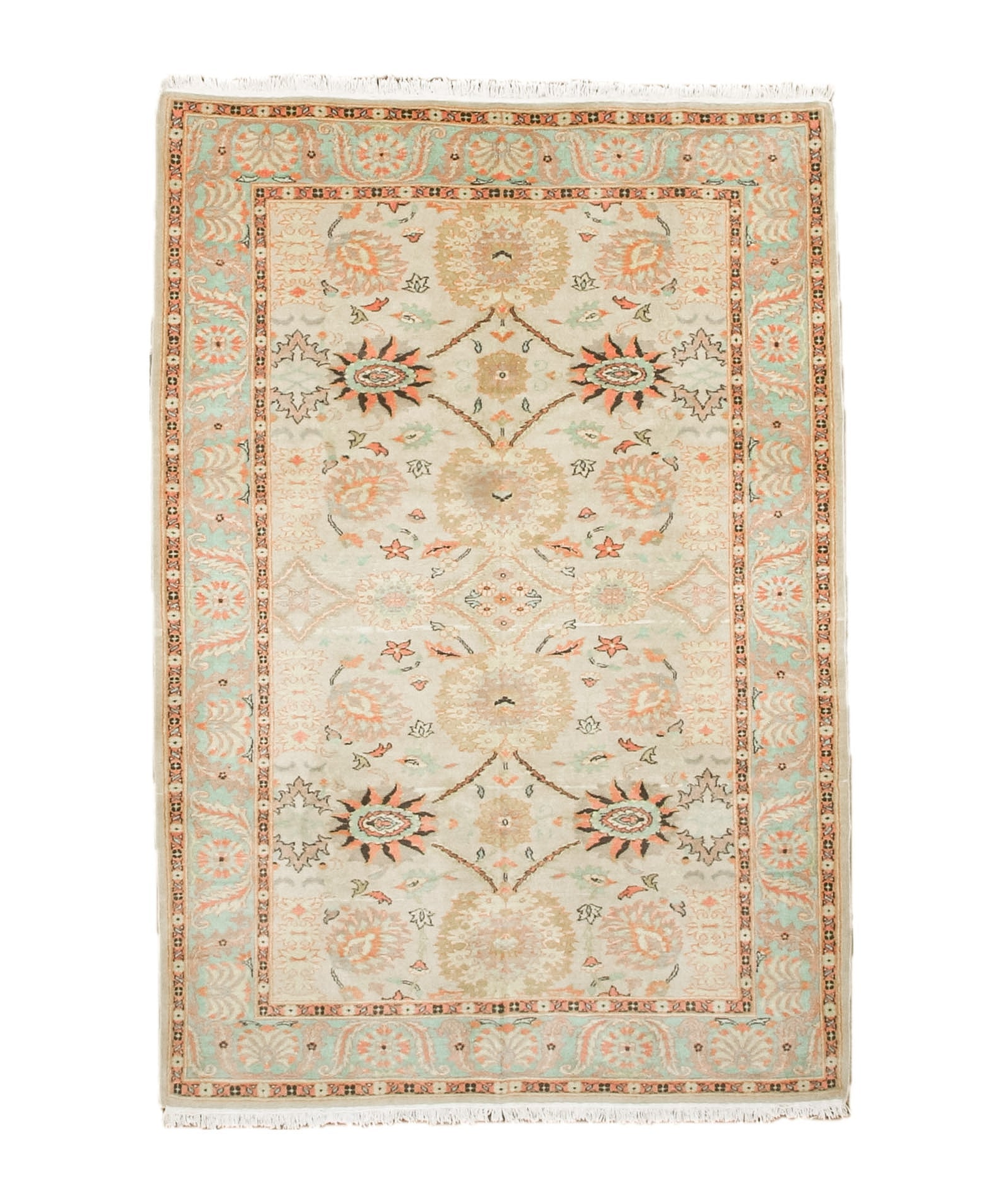 Sultanabad rug with cream ground, coral and teal floral medallions, fringed border