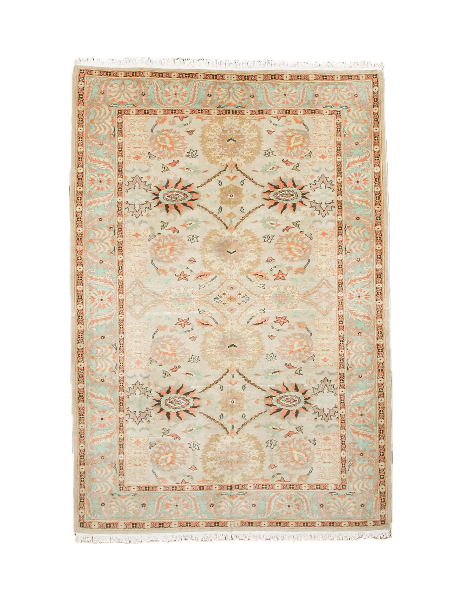 Sultanabad rug with cream ground, coral and teal floral medallions, fringed border