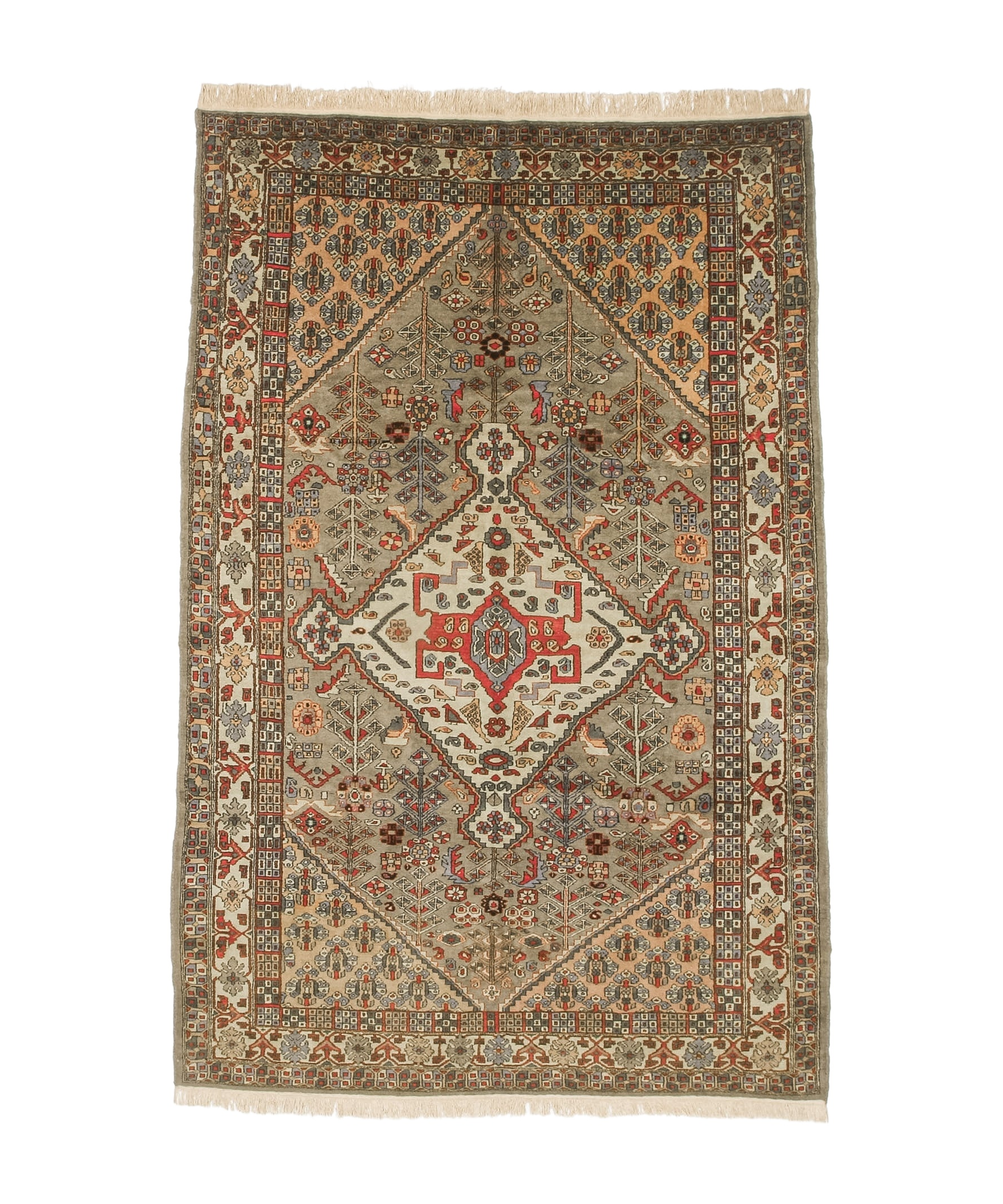 Oriental rug flat against white background, beige field with red center panel and blue accents