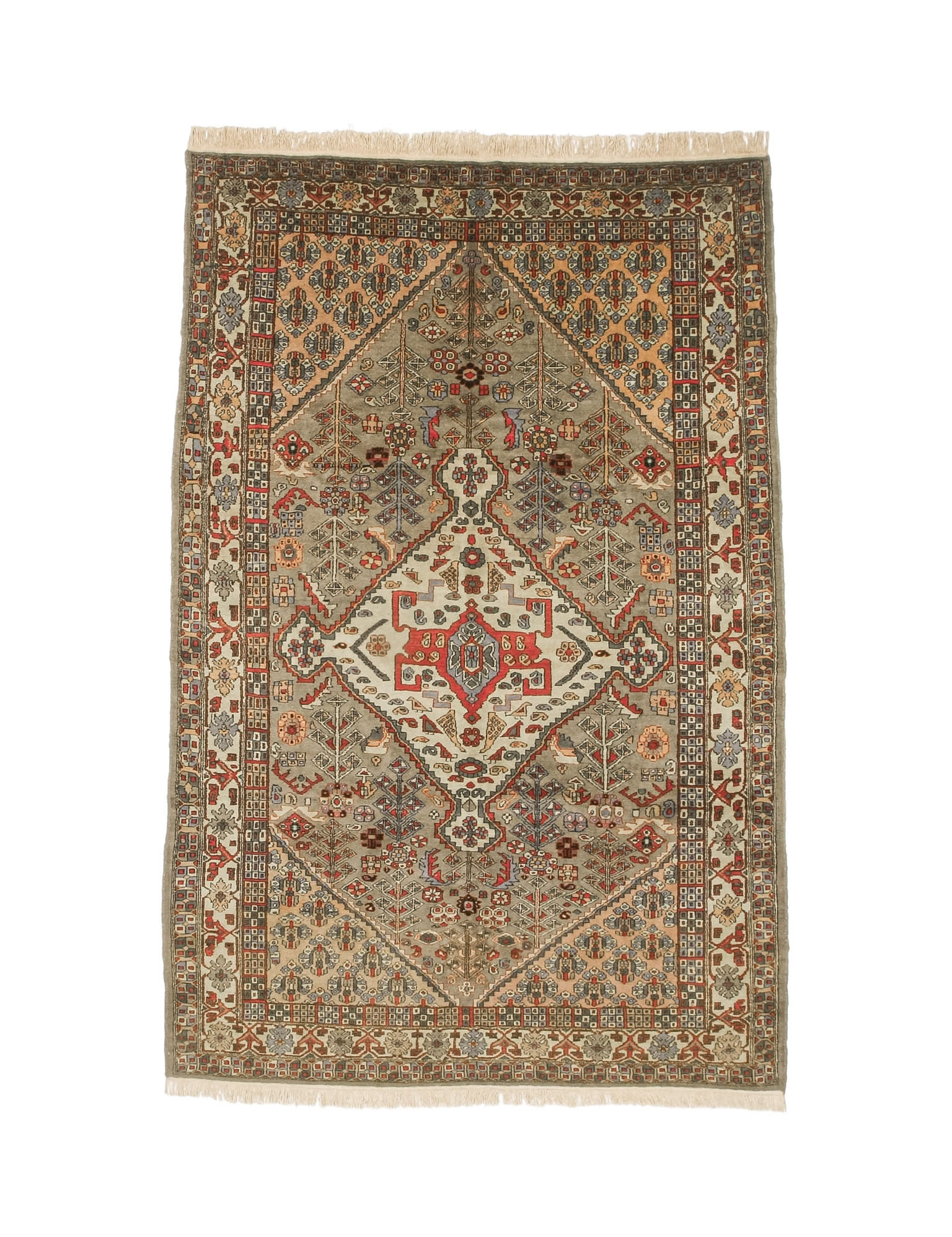 Oriental rug flat against white background, beige field with red center panel and blue accents