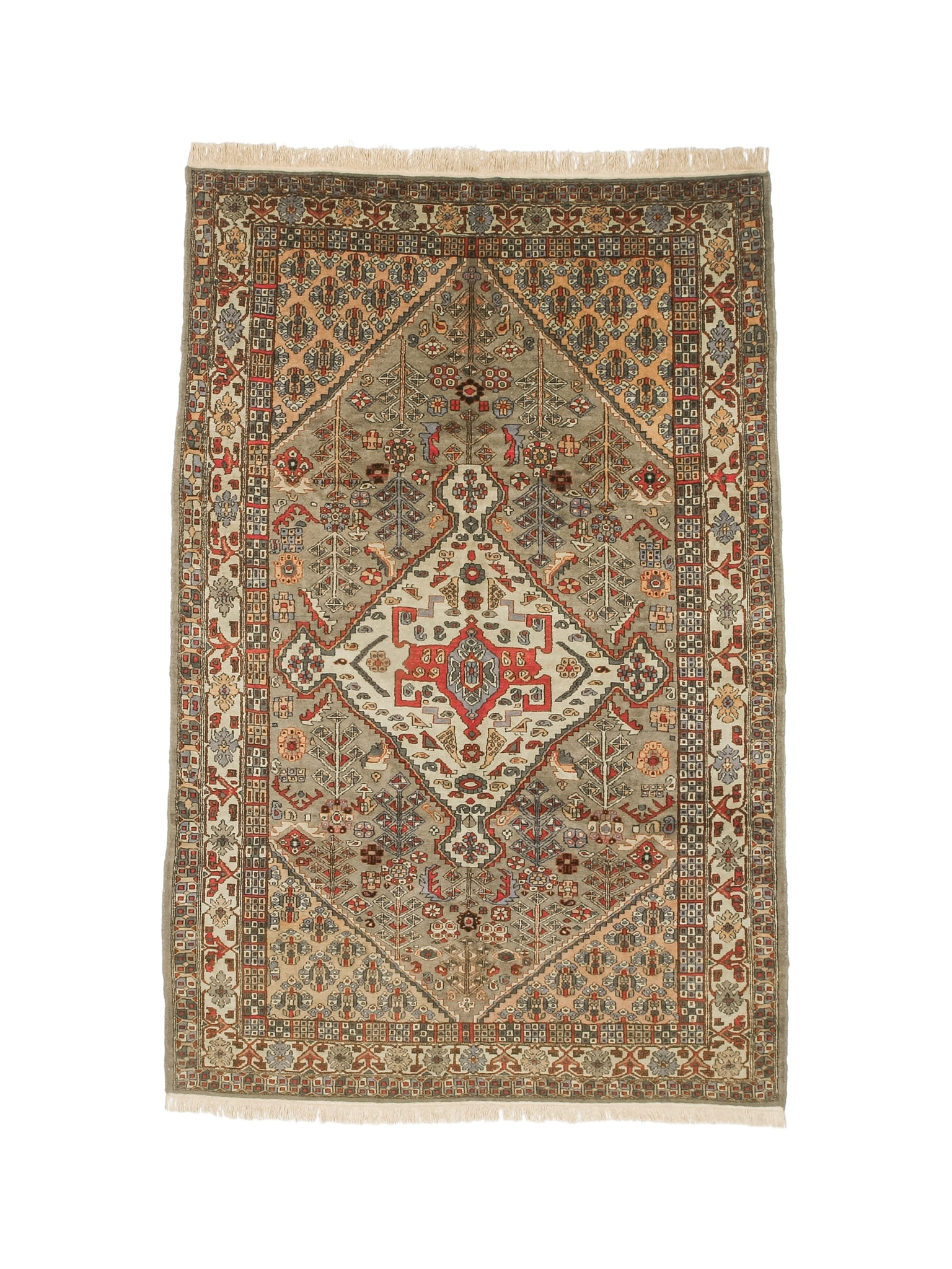 Oriental rug flat against white background, beige field with red center panel and blue accents