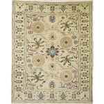 Square Sultanabad rug in ivory with floral and rosette medallions, multicolor border, fringed.