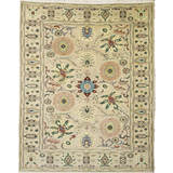 Square Sultanabad rug in ivory with floral and rosette medallions, multicolor border, fringed.
