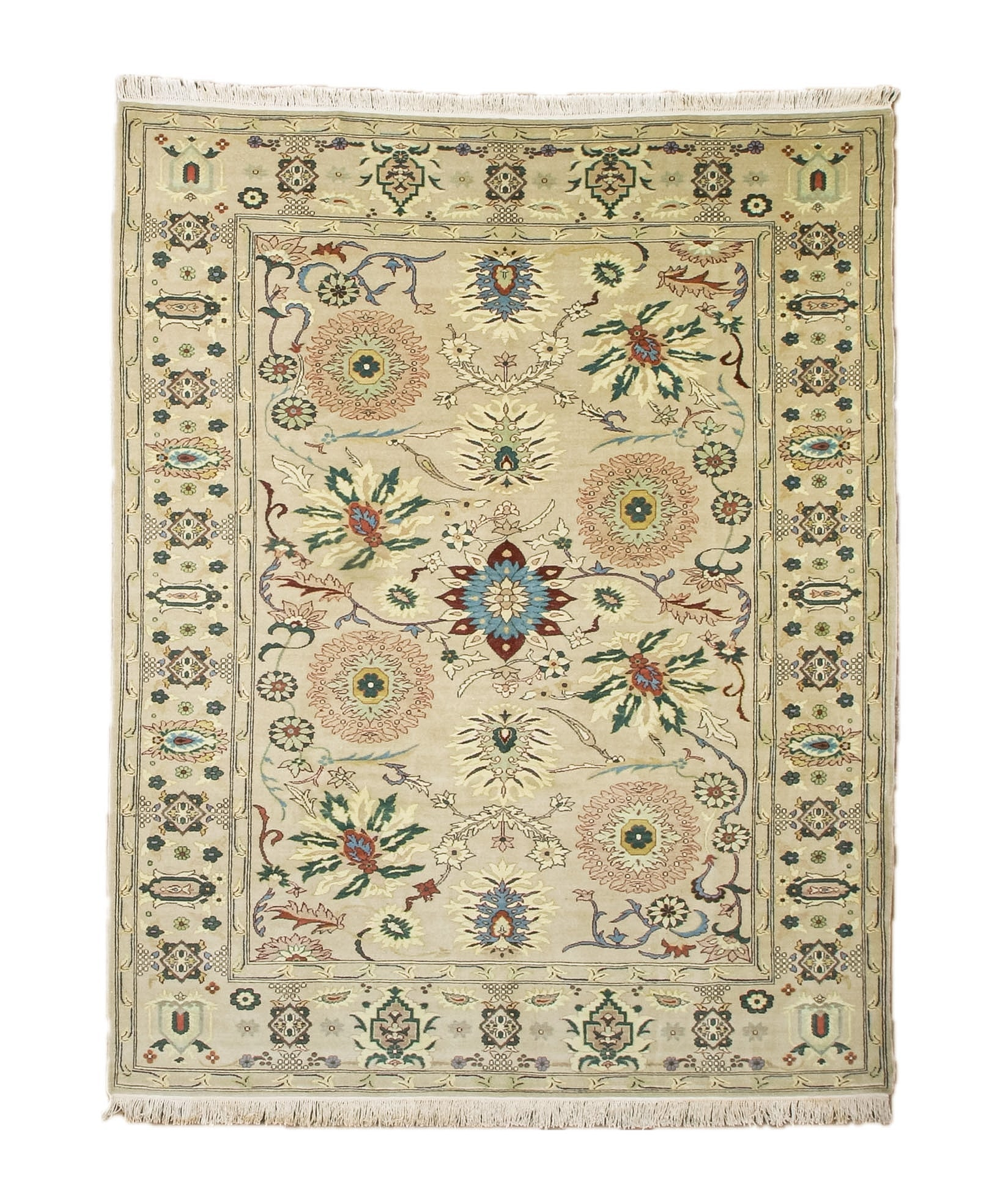 Square Sultanabad rug in ivory with floral and rosette medallions, multicolor border, fringed.