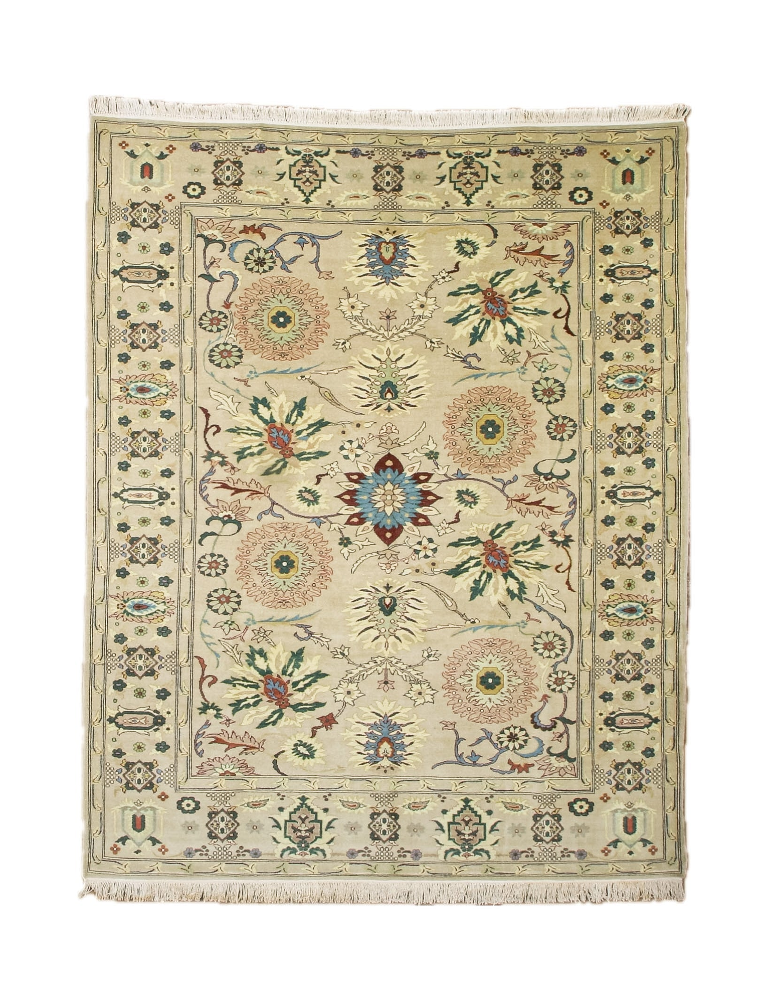 Square Sultanabad rug in ivory with floral and rosette medallions, multicolor border, fringed.