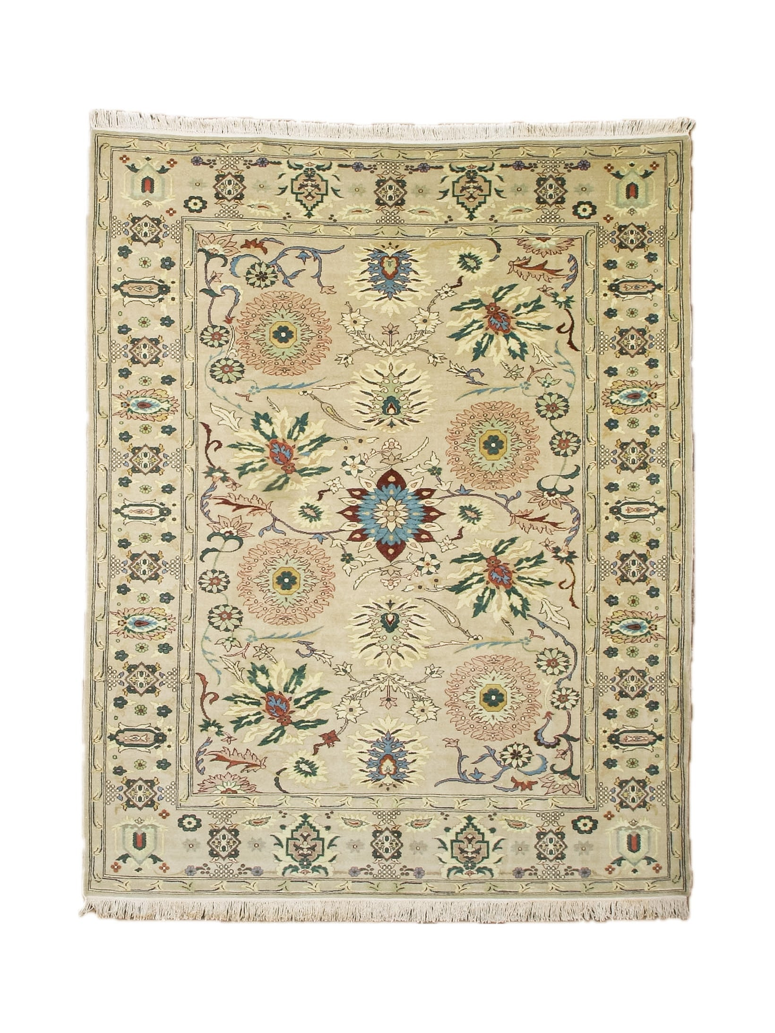 Square Sultanabad rug in ivory with floral and rosette medallions, multicolor border, fringed.