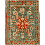 Kazak rug with dark green field, red medallions, and geometric border in cream and orange.