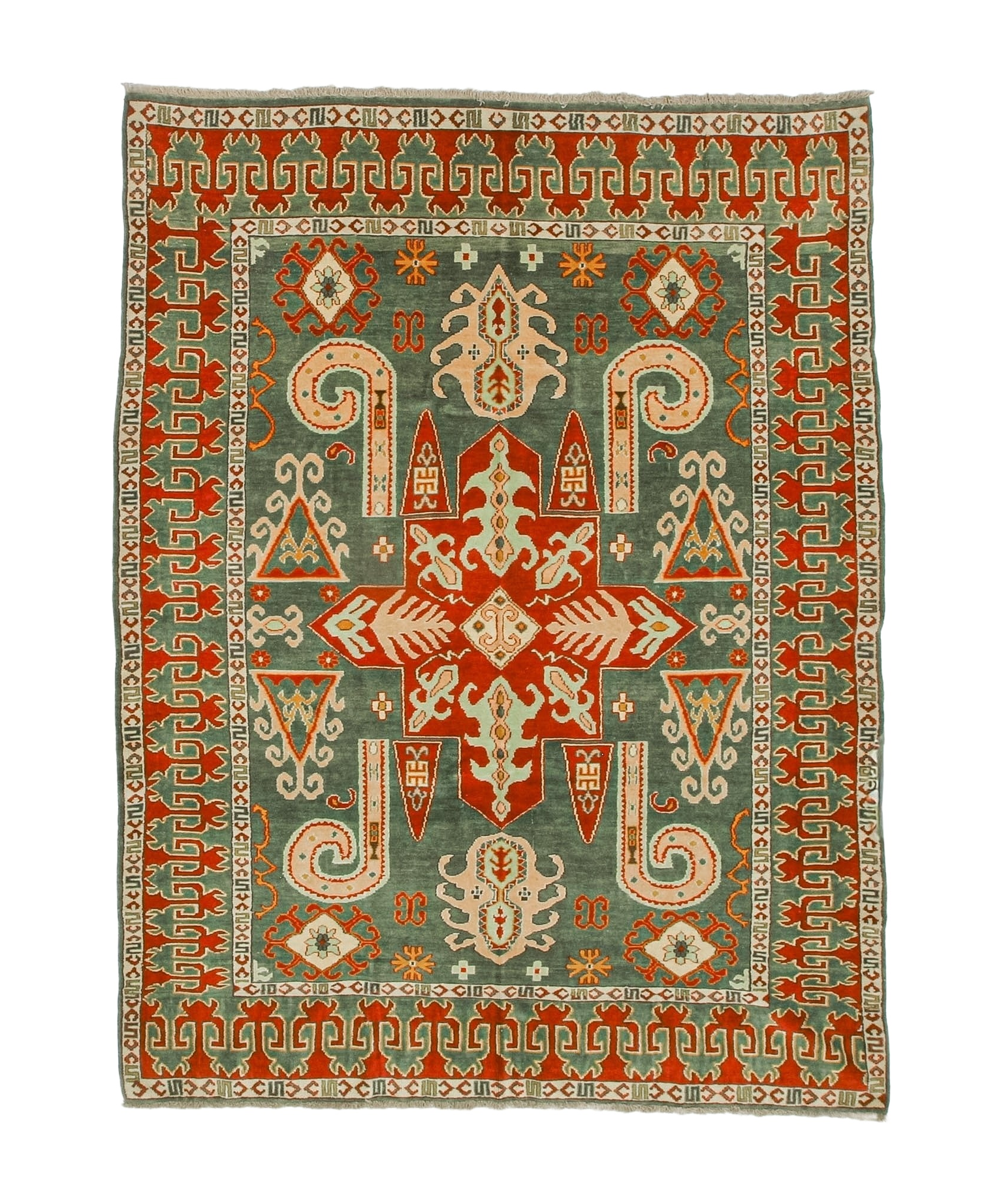 Kazak rug with dark green field, red medallions, and geometric border in cream and orange.