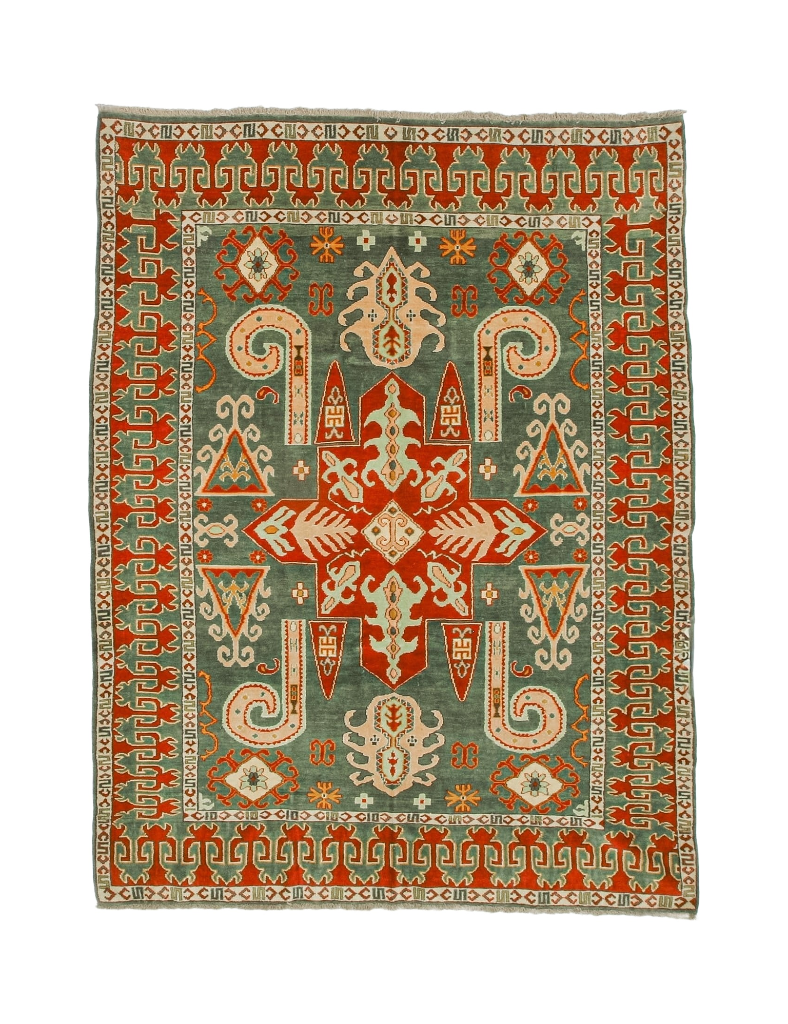 Kazak rug with dark green field, red medallions, and geometric border in cream and orange.