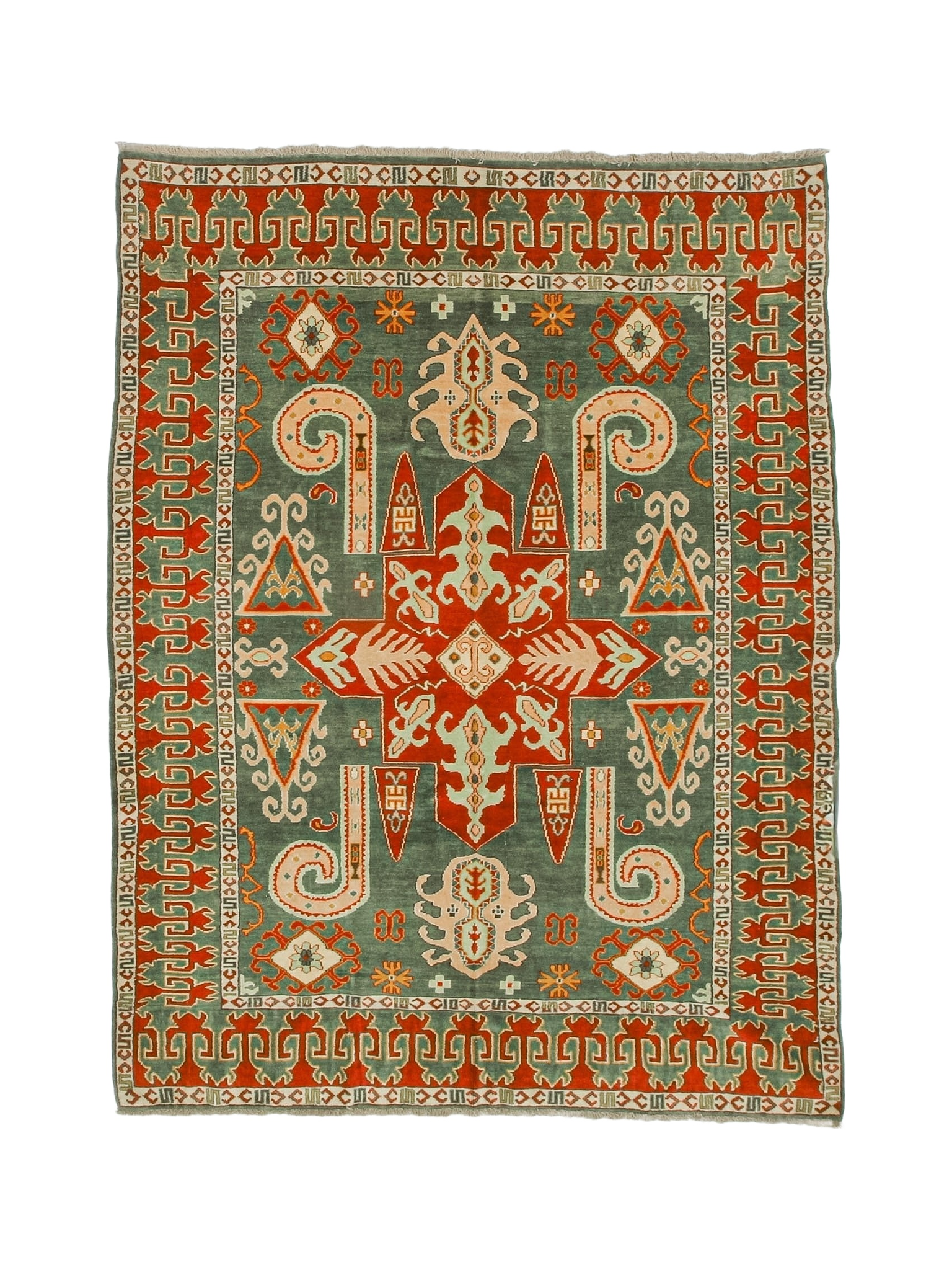 Kazak rug with dark green field, red medallions, and geometric border in cream and orange.