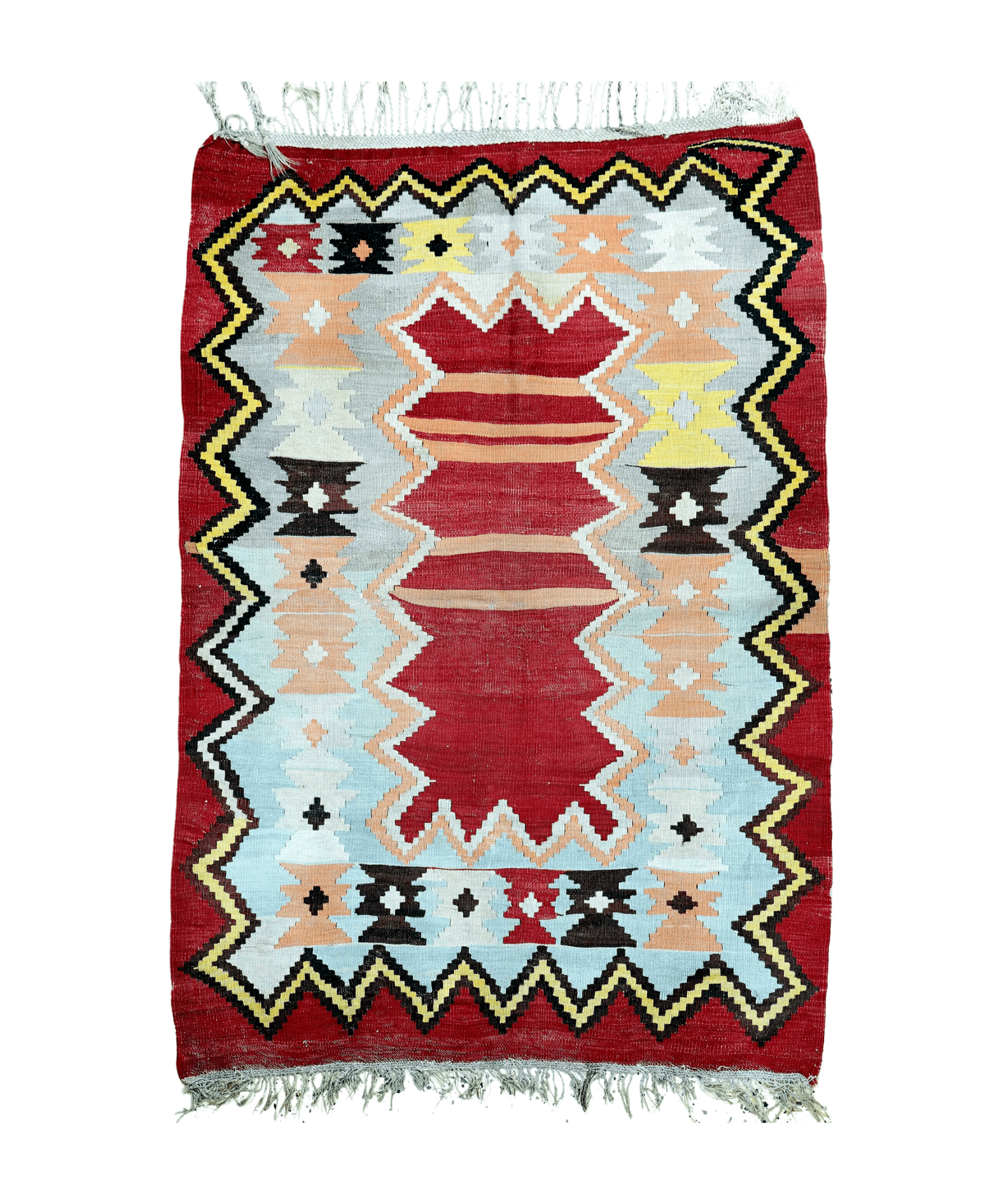 Turkish kilim rug with red background, geometric diamonds, and zigzag border
