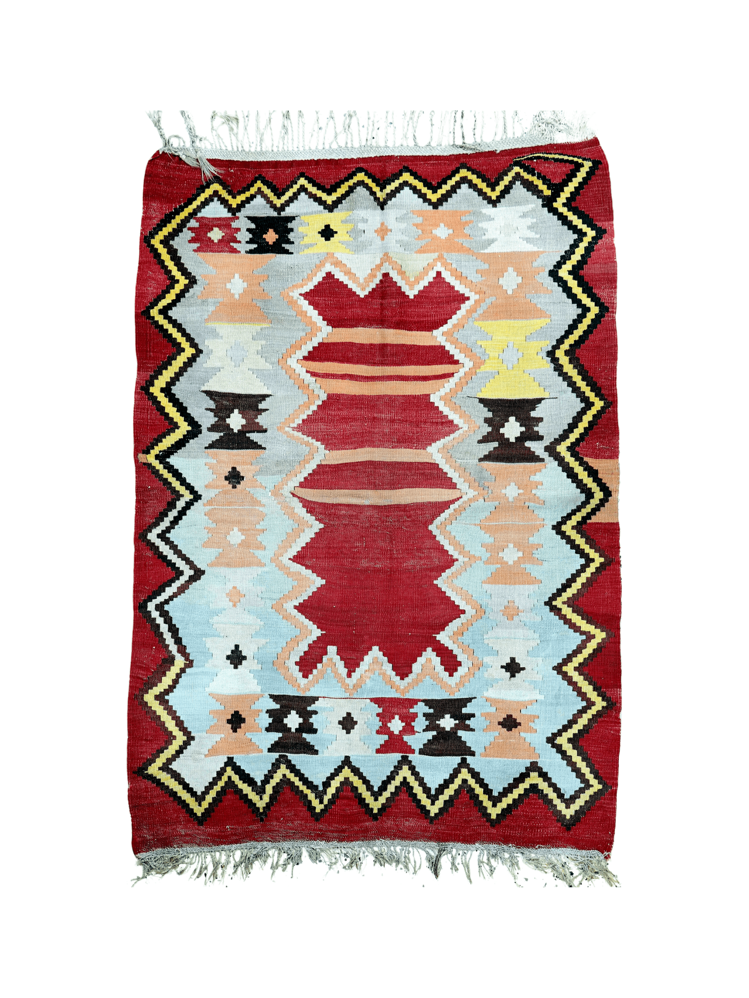 Turkish kilim rug with red background, geometric diamonds, and zigzag border