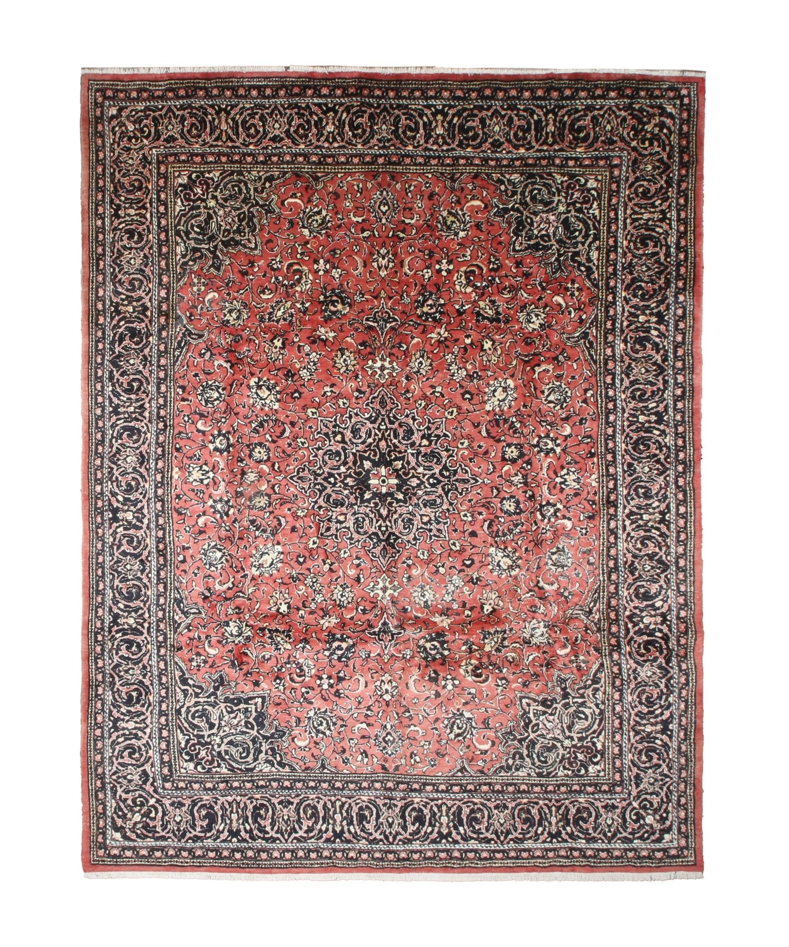Vintage Sarouk Rug — Tomato Red & Indigo Arabesques | 10' × 13'2" - Rug the Rock - availableHand-knottedSarough