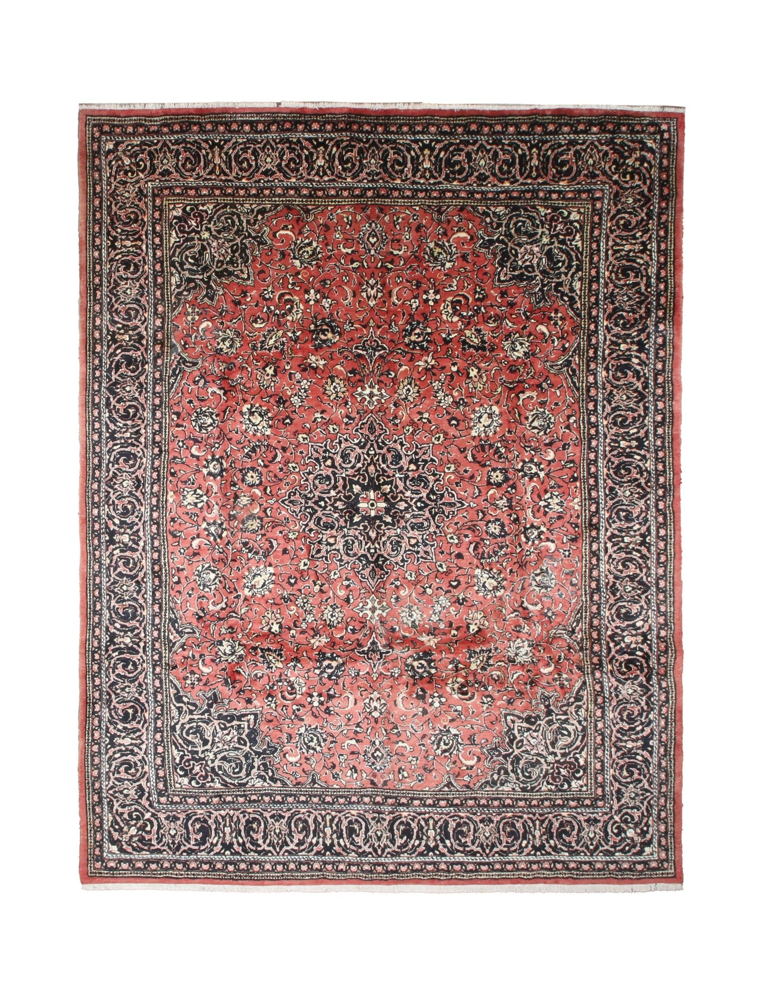 Vintage Sarouk Rug — Tomato Red & Indigo Arabesques | 10' × 13'2" - Rug the Rock - availableHand-knottedSarough
