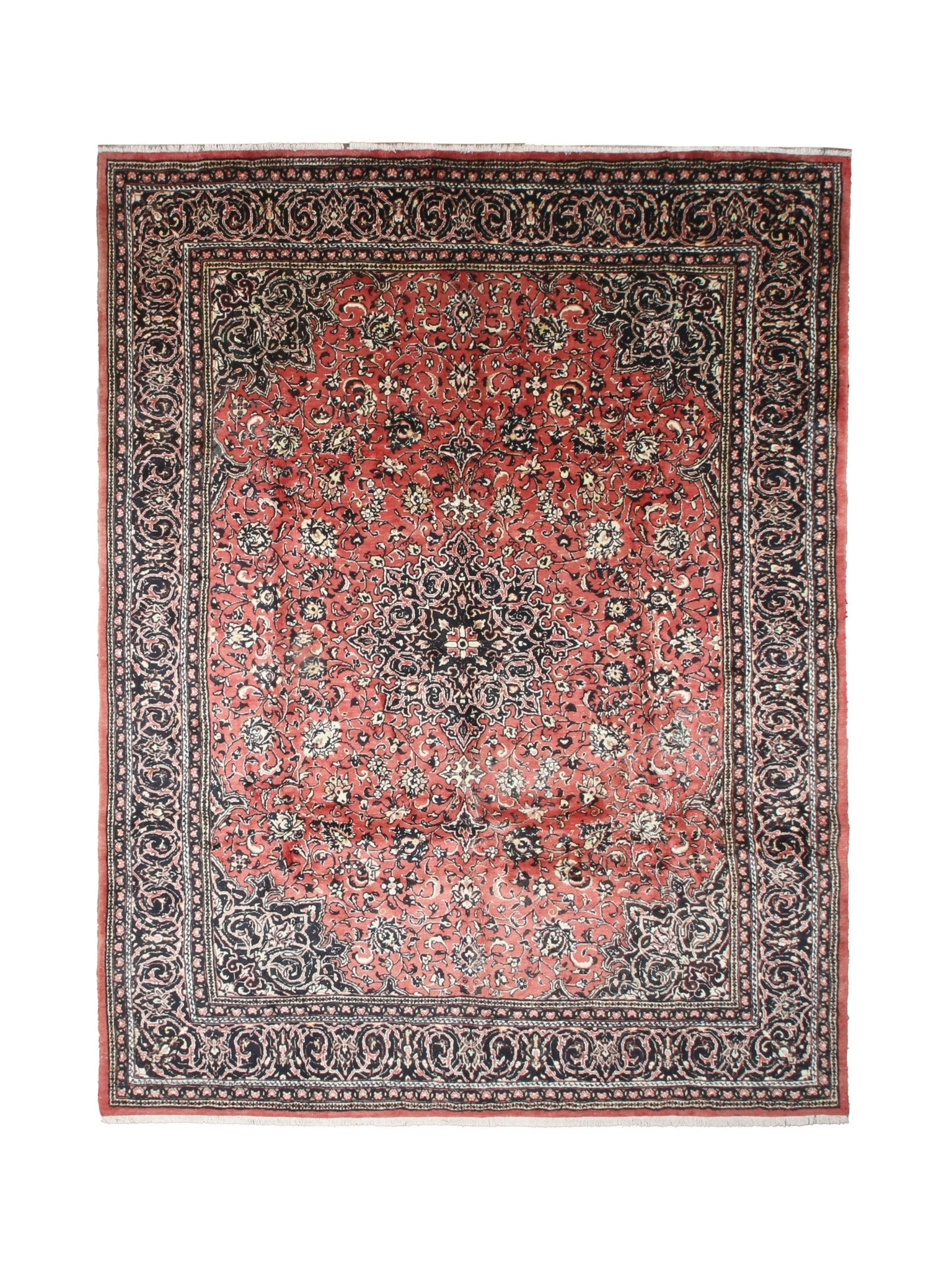 Vintage Sarouk Rug — Tomato Red & Indigo Arabesques | 10' × 13'2" - Rug the Rock - availableHand-knottedSarough