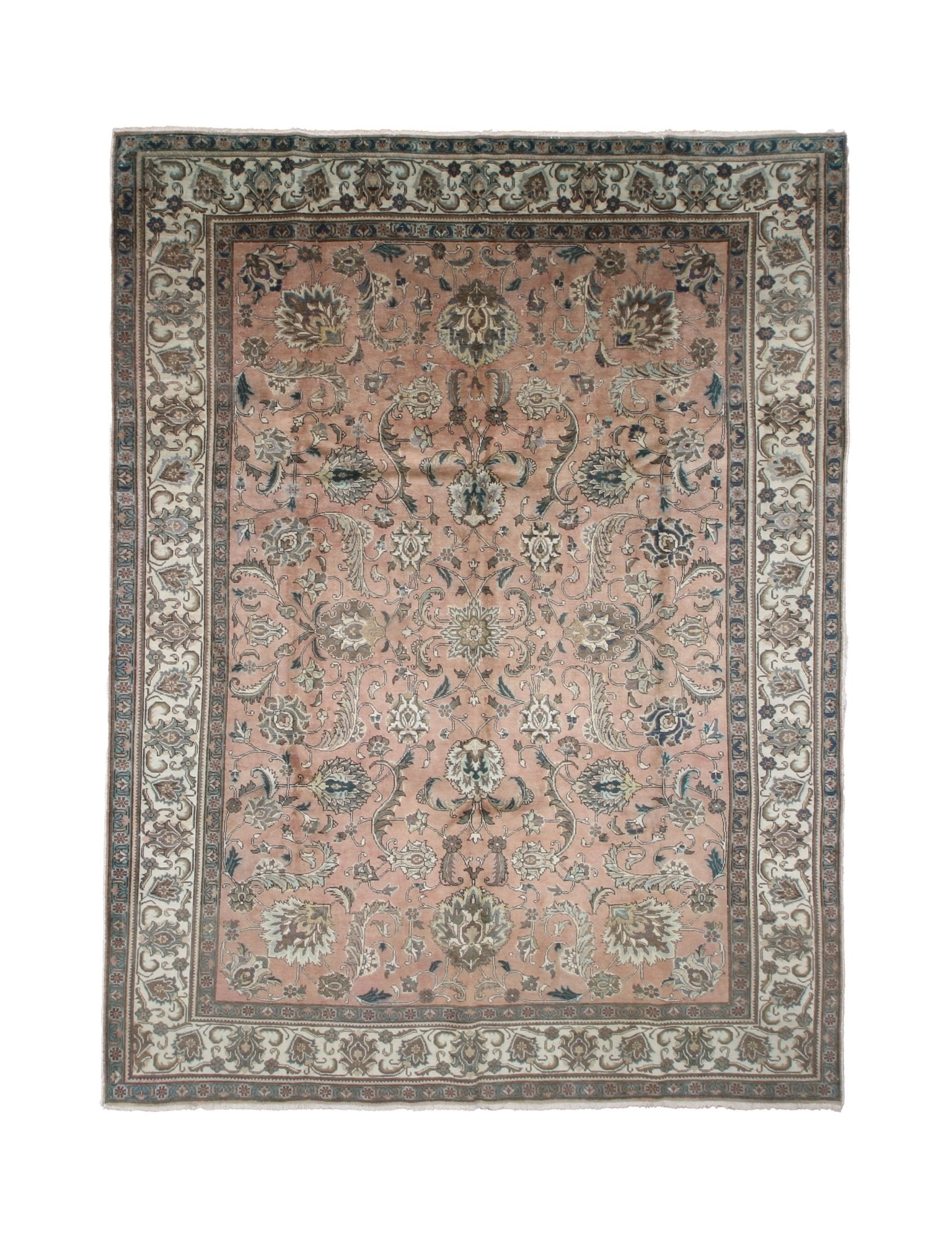 Tabriz Rug — Salmon Pink & Ivory Florals | 9'9" × 12'9" - Rug the Rock - availableFloralHand-knotted