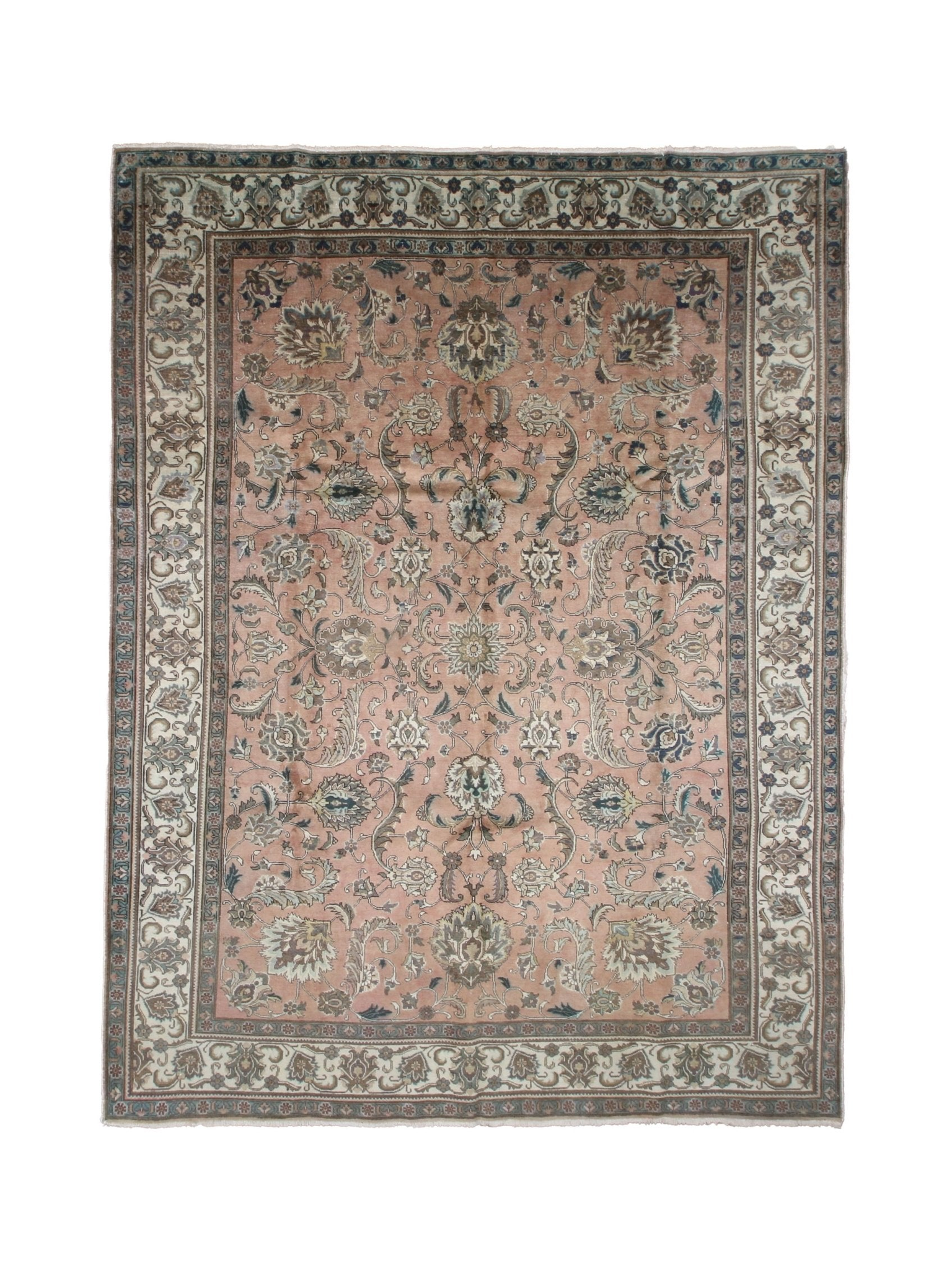 Tabriz Rug — Salmon Pink & Ivory Florals | 9'9" × 12'9" - Rug the Rock - availableFloralHand-knotted