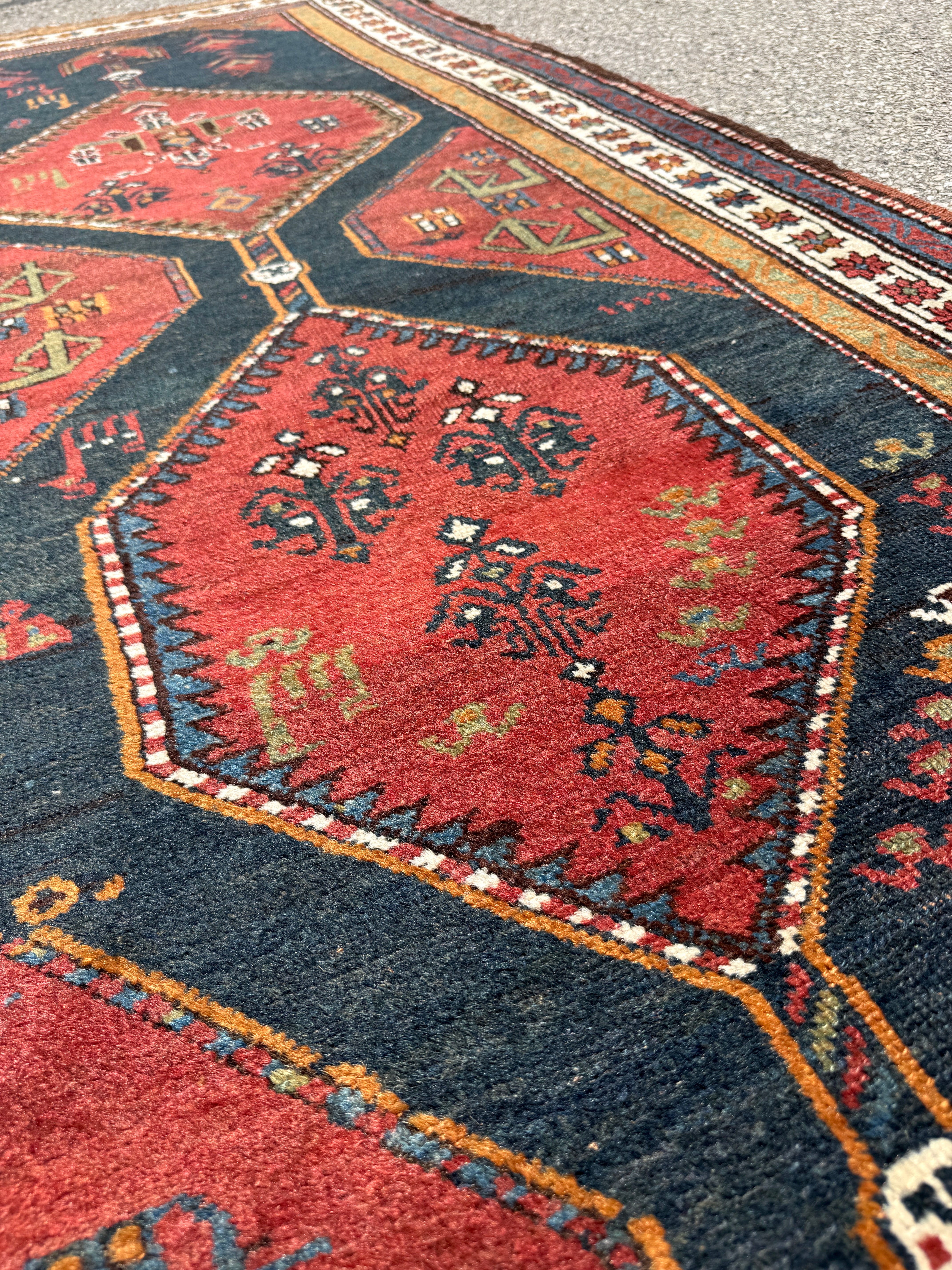 Antique Hashtroud Runner — Üç Göl (Three Pools) in Copper & Indigo. Additional original photograph showing the rug's surface, design and weave. SKU 1111.