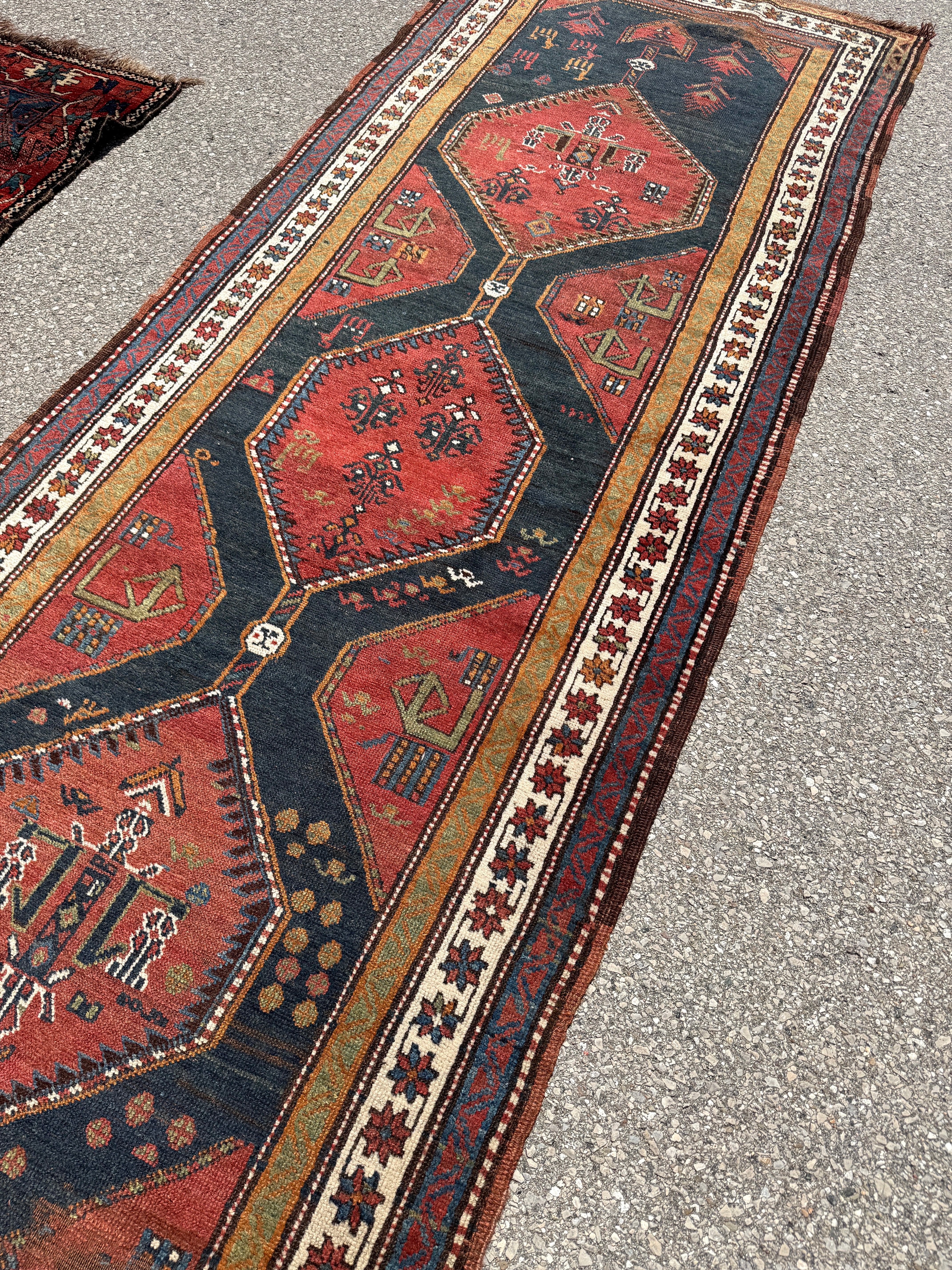 Antique Hashtroud Runner — Üç Göl (Three Pools) in Copper & Indigo. Additional original photograph showing the rug's surface, design and weave. SKU 1111.