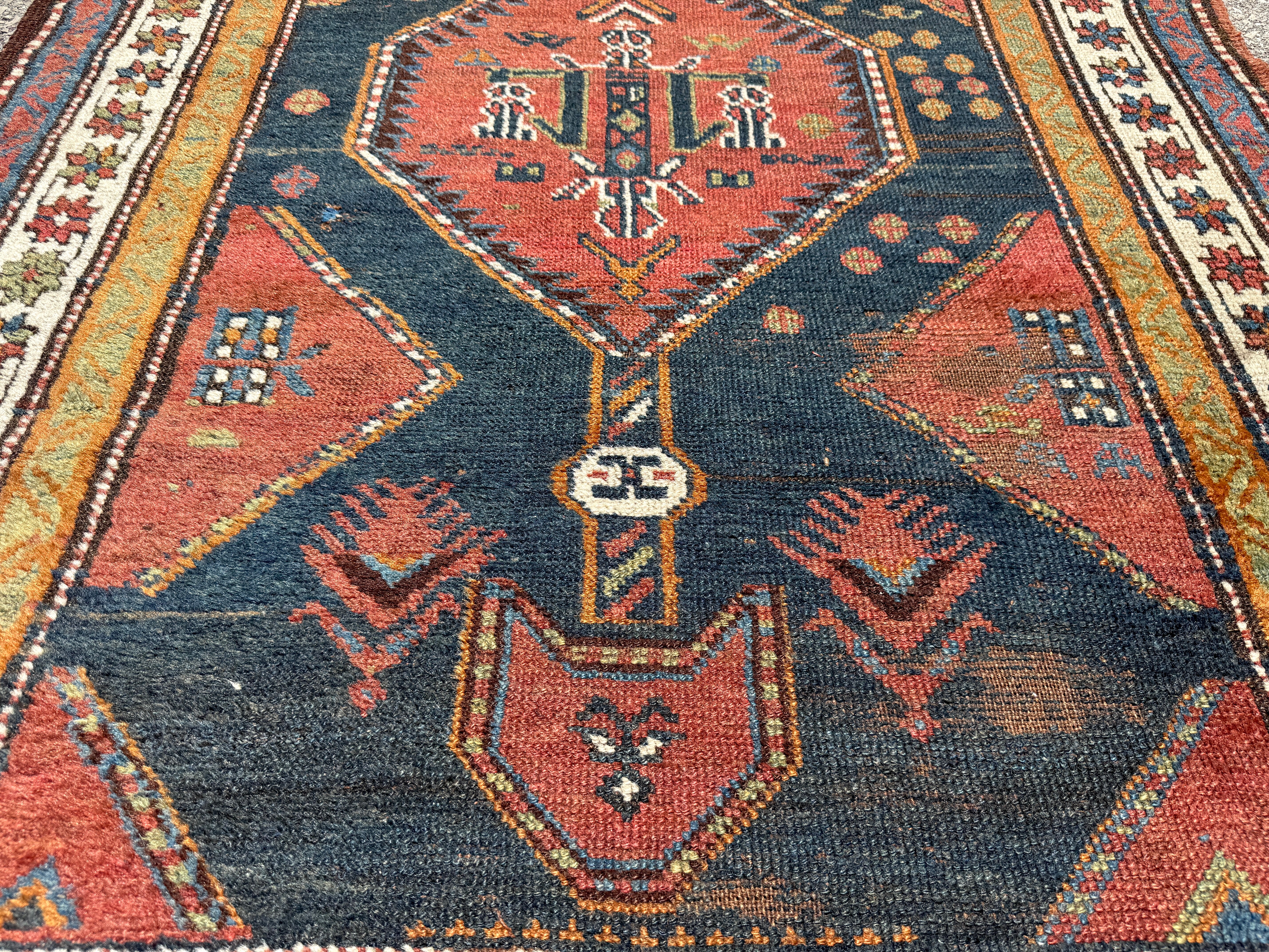 Antique Hashtroud Runner — Üç Göl (Three Pools) in Copper & Indigo. Additional original photograph showing the rug's surface, design and weave. SKU 1111.