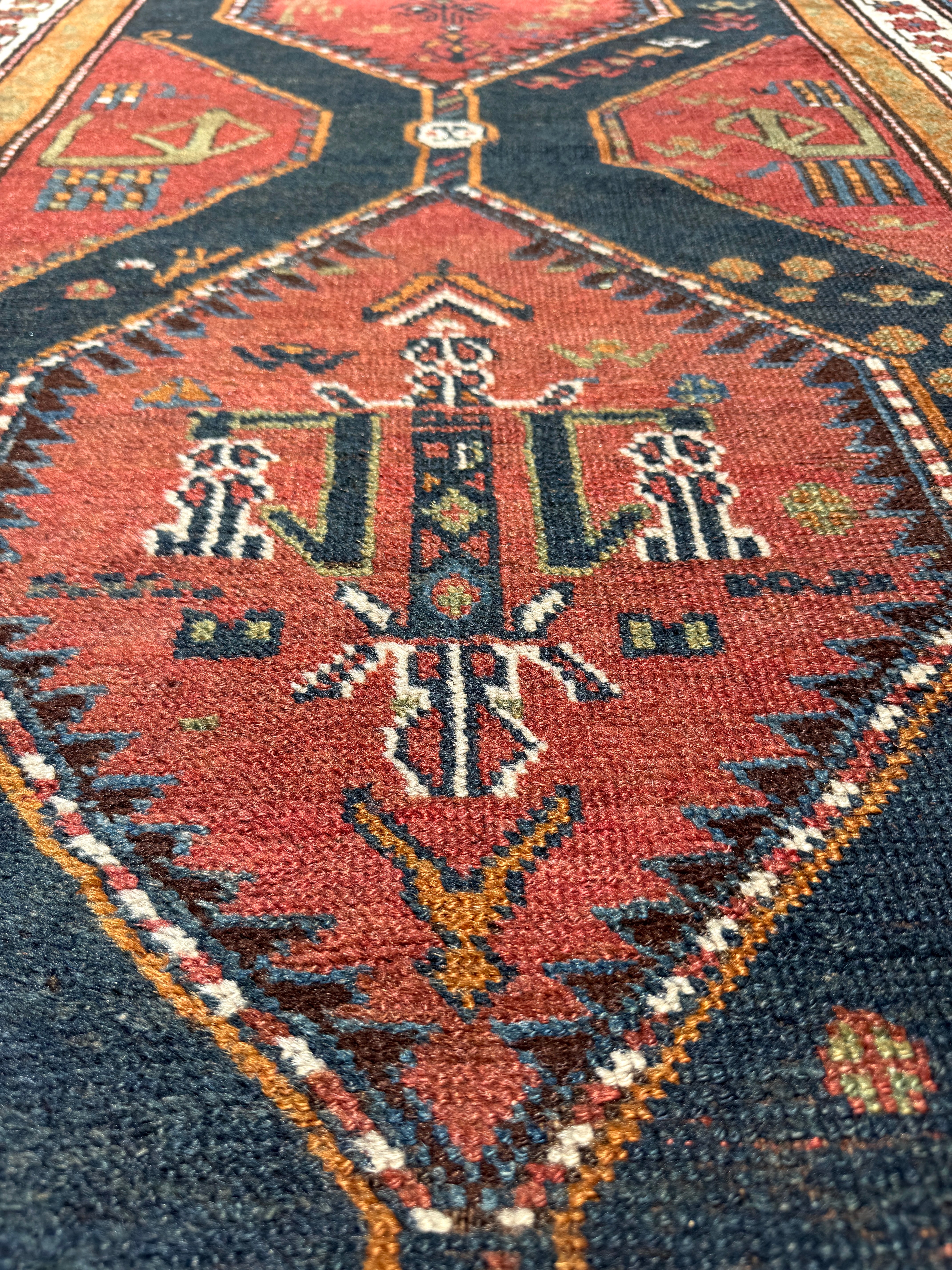 Antique Hashtroud Runner — Üç Göl (Three Pools) in Copper & Indigo. Additional original photograph showing the rug's surface, design and weave. SKU 1111.