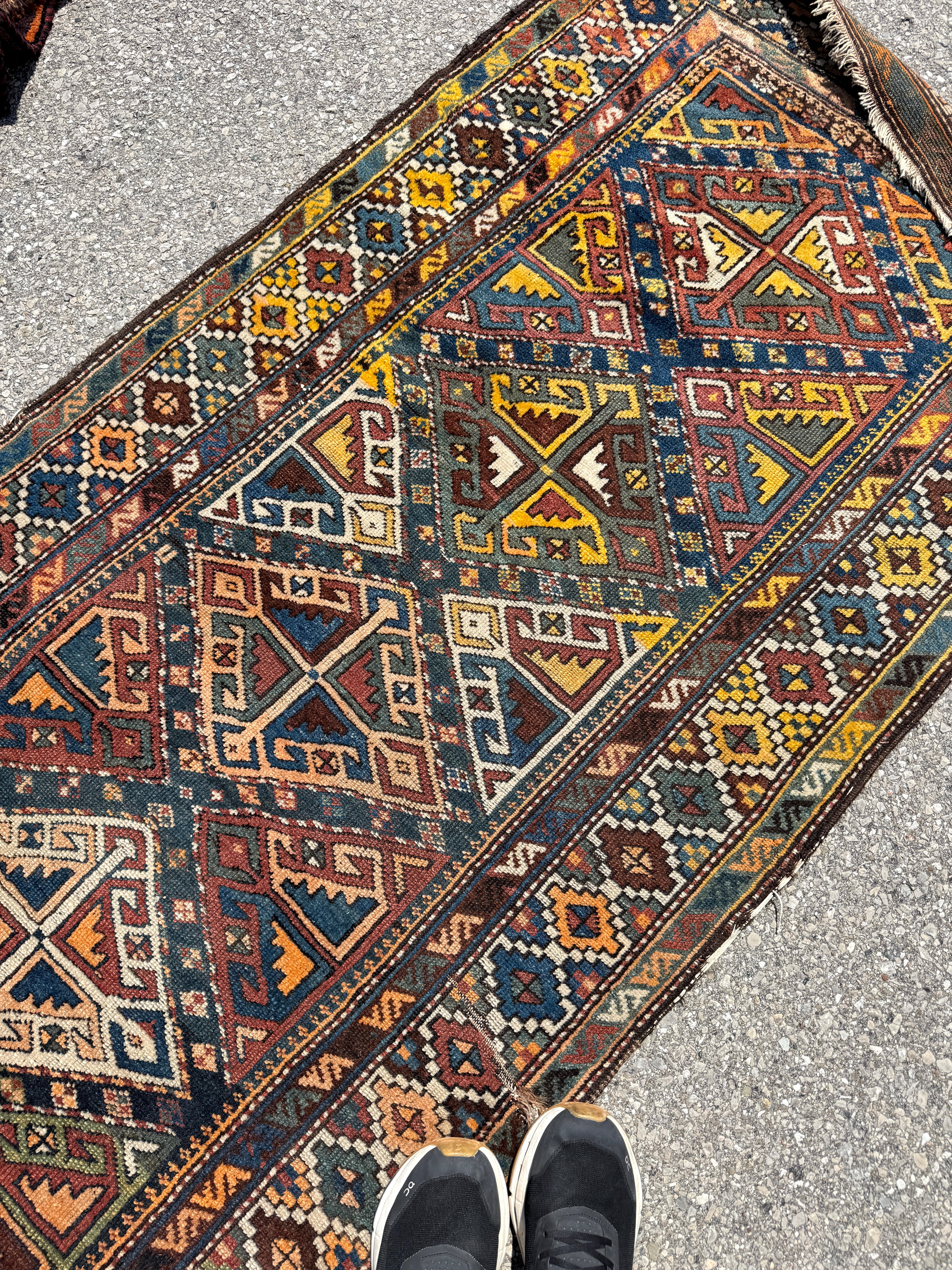 Antique Shahsavan Runner — Indigo & Saffron Tribal Geometry. Additional original photograph showing the rug's surface, design and weave. SKU 12407022.