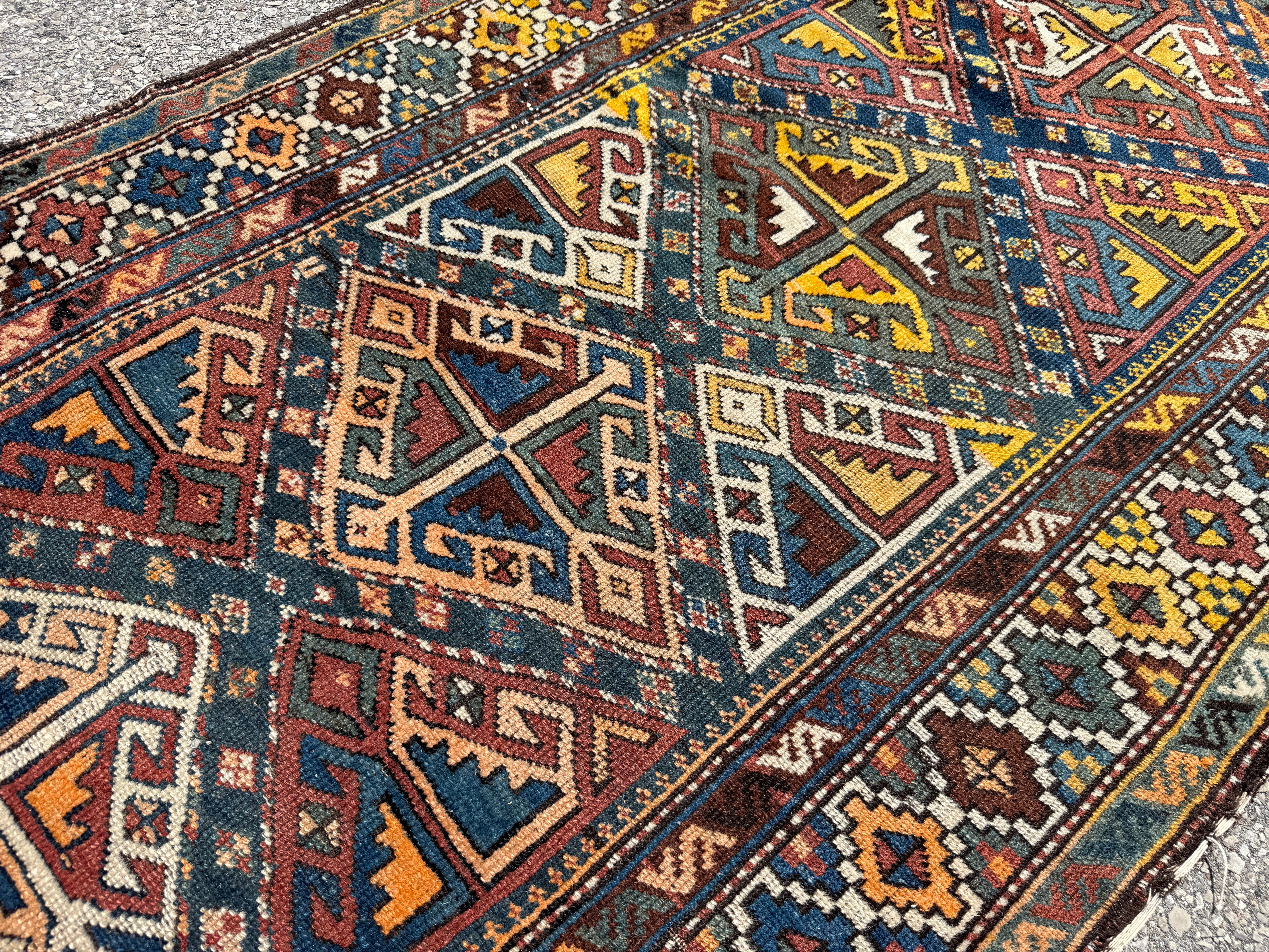 Antique Shahsavan Runner — Indigo & Saffron Tribal Geometry. Additional original photograph showing the rug's surface, design and weave. SKU 12407022.