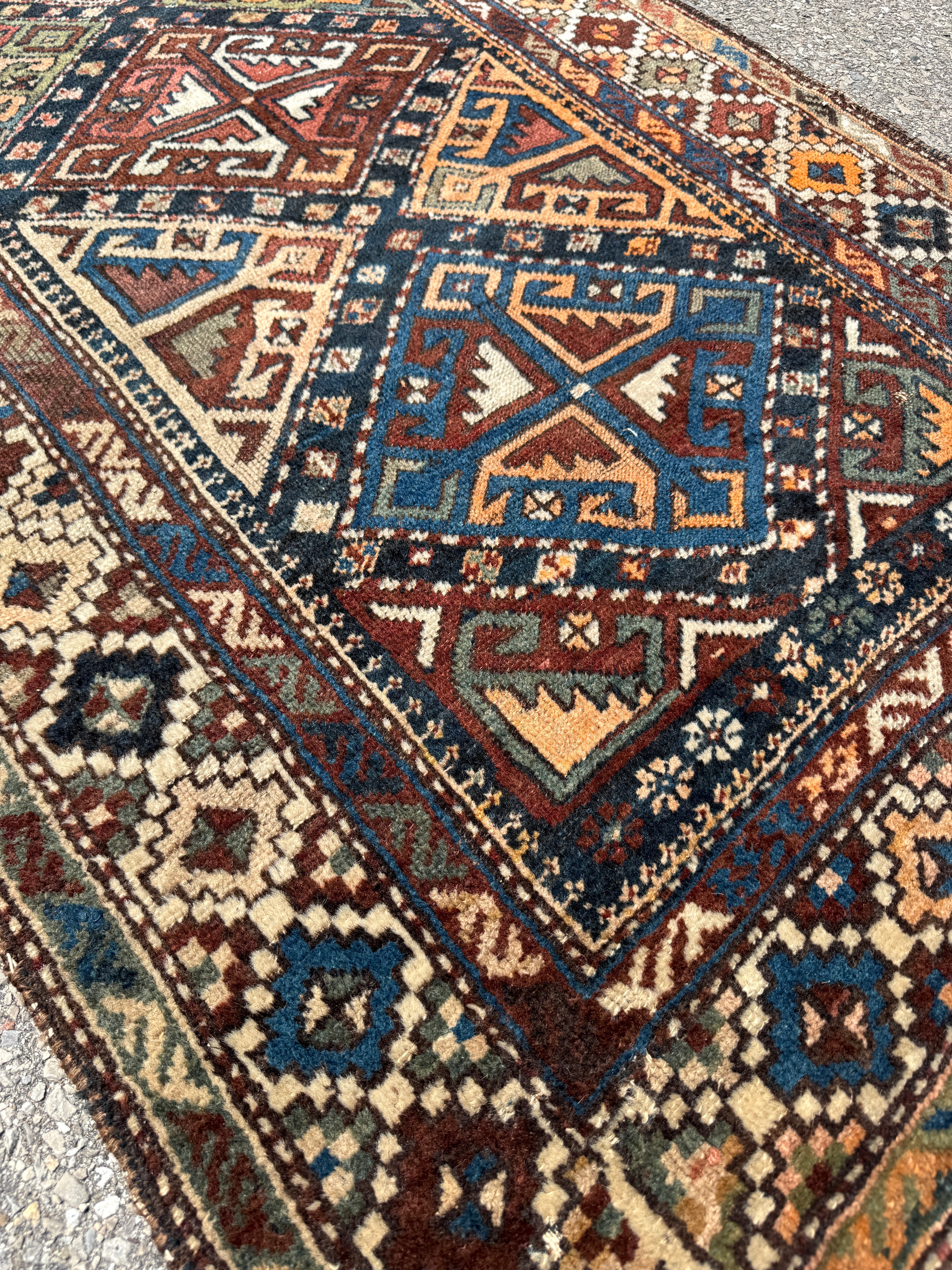 Antique Shahsavan Runner — Indigo & Saffron Tribal Geometry. Additional original photograph showing the rug's surface, design and weave. SKU 12407022.