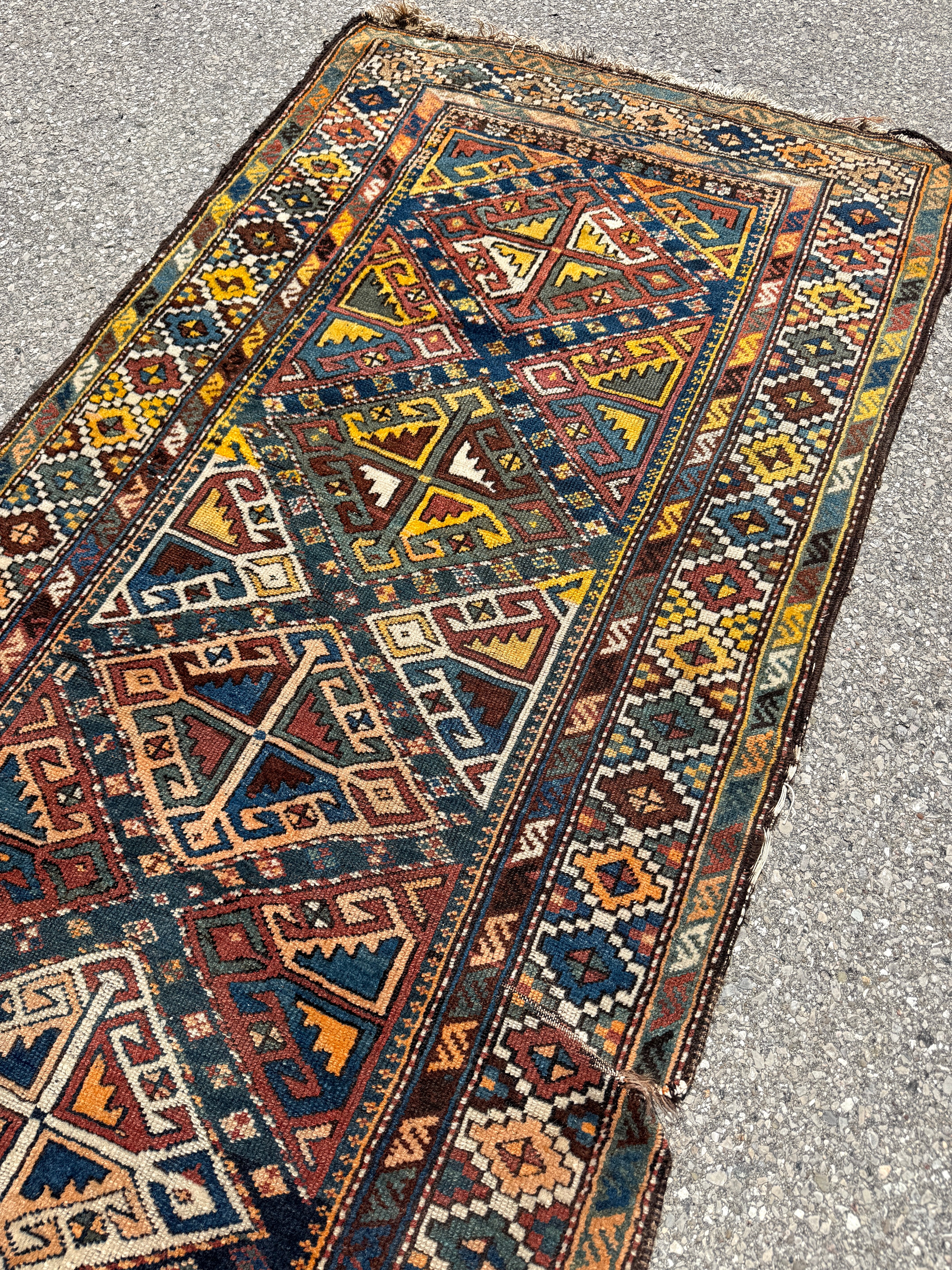 Antique Shahsavan Runner — Indigo & Saffron Tribal Geometry. Additional original photograph showing the rug's surface, design and weave. SKU 12407022.