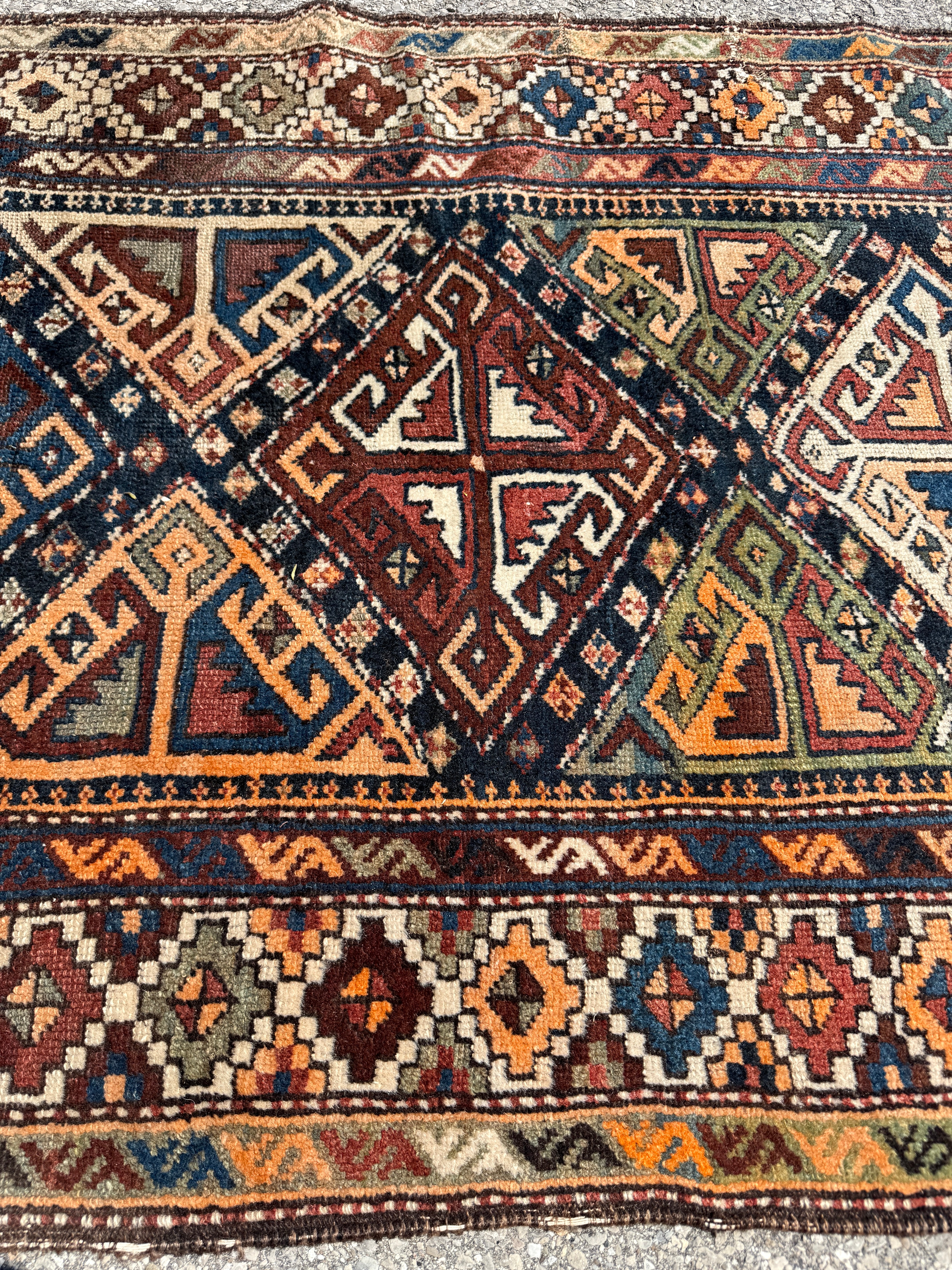 Antique Shahsavan Runner — Indigo & Saffron Tribal Geometry. Additional original photograph showing the rug's surface, design and weave. SKU 12407022.
