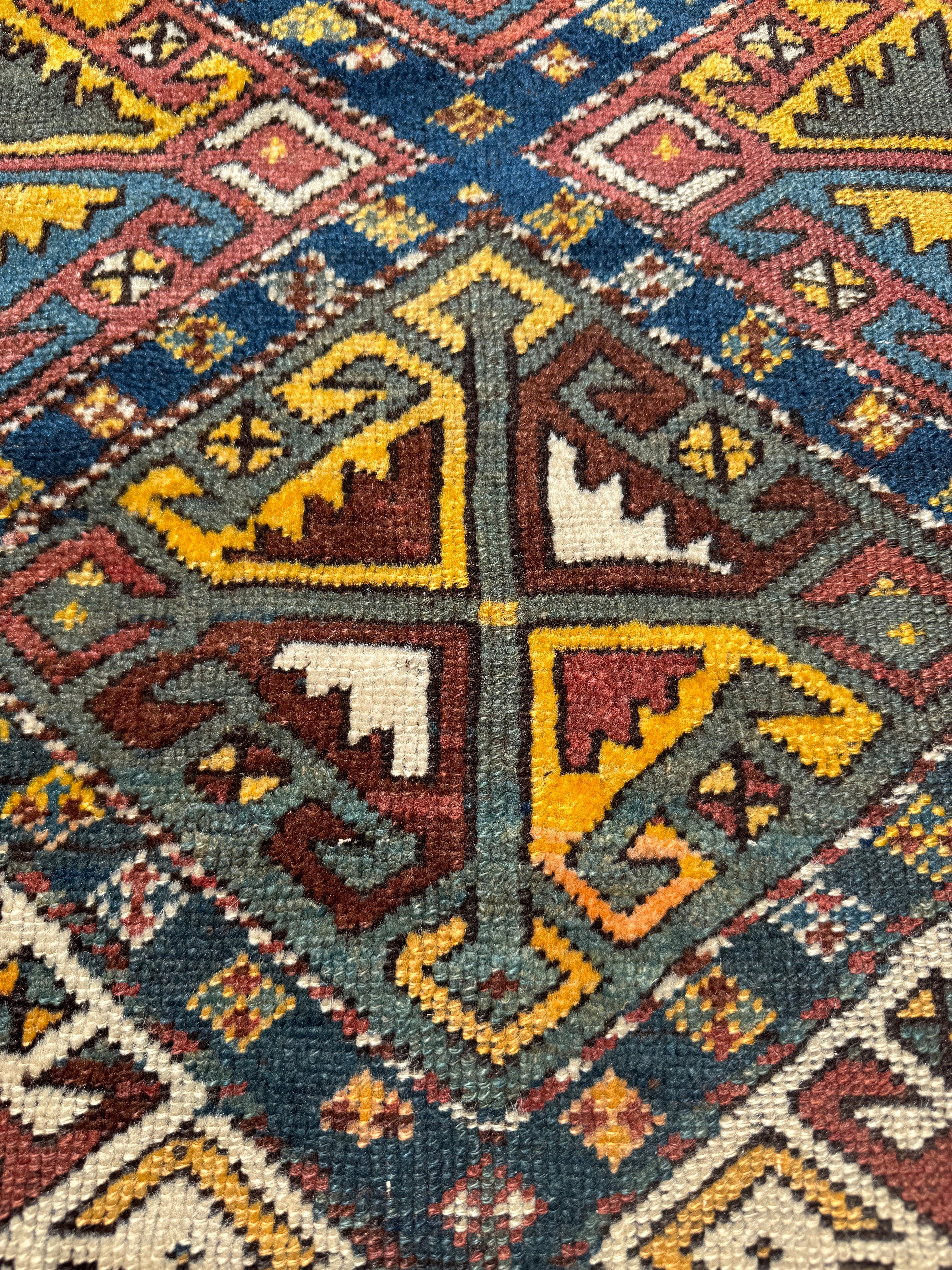 Antique Shahsavan Runner — Indigo & Saffron Tribal Geometry. Additional original photograph showing the rug's surface, design and weave. SKU 12407022.