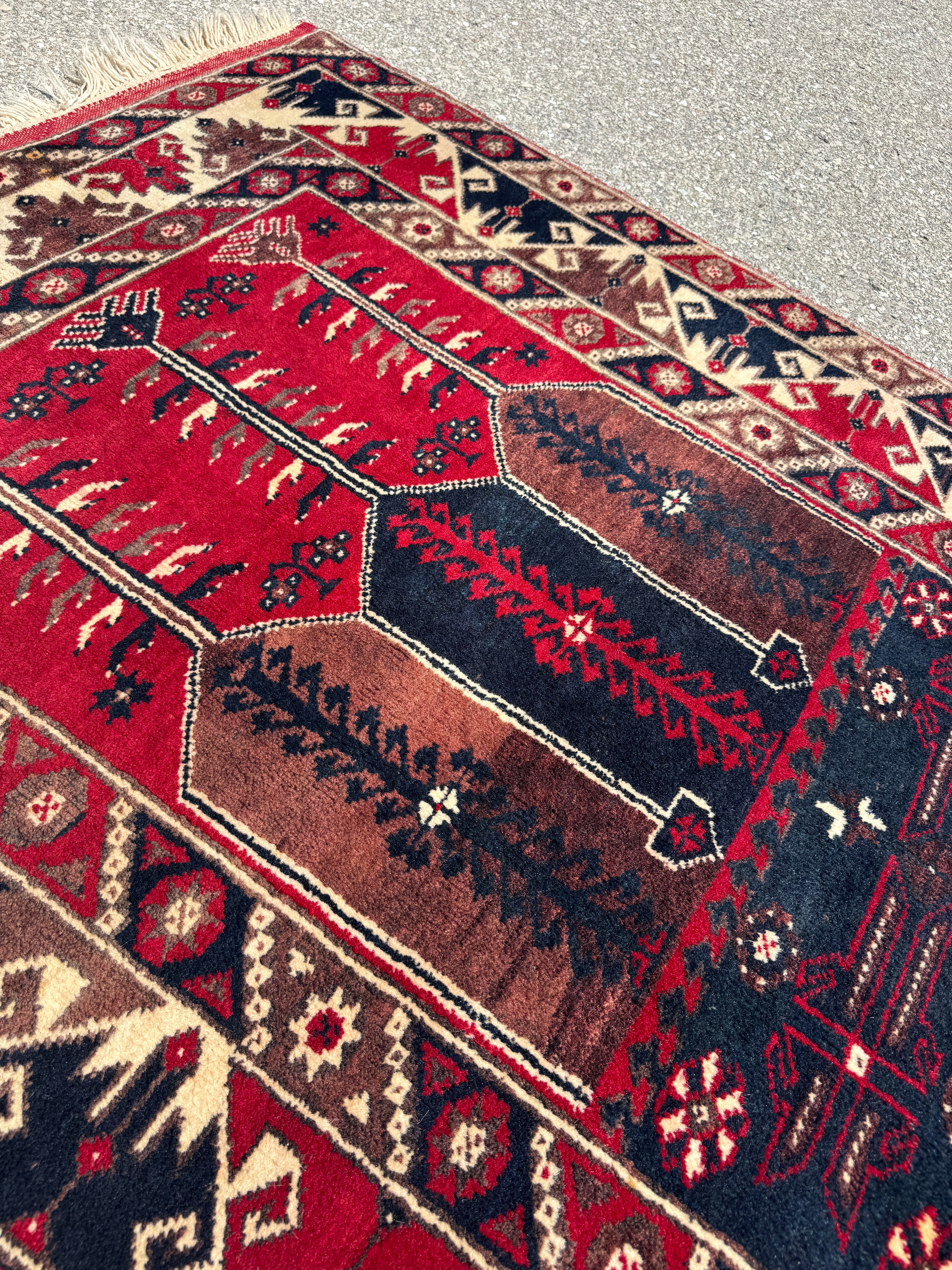 Vintage Turkish Konya Rug — Ruby & Indigo Tree Motifs. Additional original photograph showing the rug's surface, design and weave. SKU 12407025.